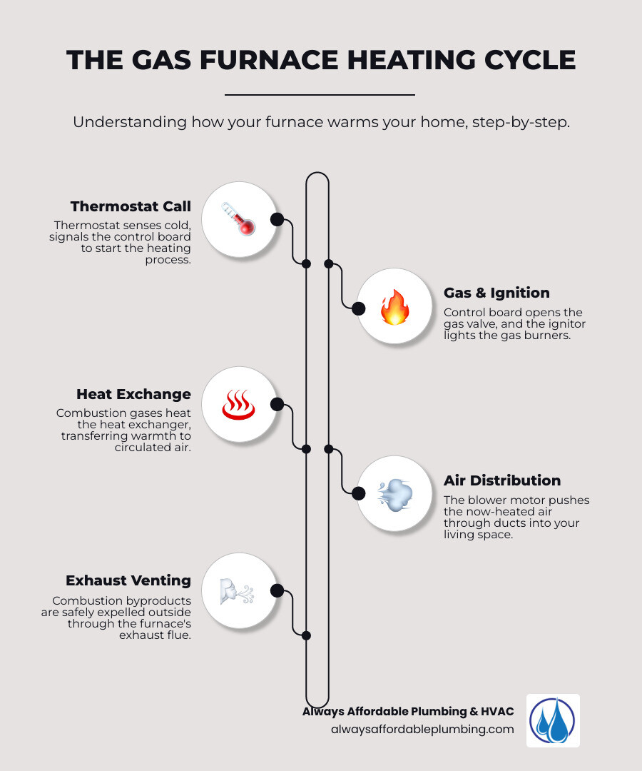 Detailed infographic showing the complete gas furnace heating cycle from thermostat signal through control board activation, gas valve opening, ignitor sparking, combustion in heat exchanger, blower motor circulation, and exhaust venting with safety components highlighted - Gas furnace repair infographic infographic-line-5-steps-neat_beige