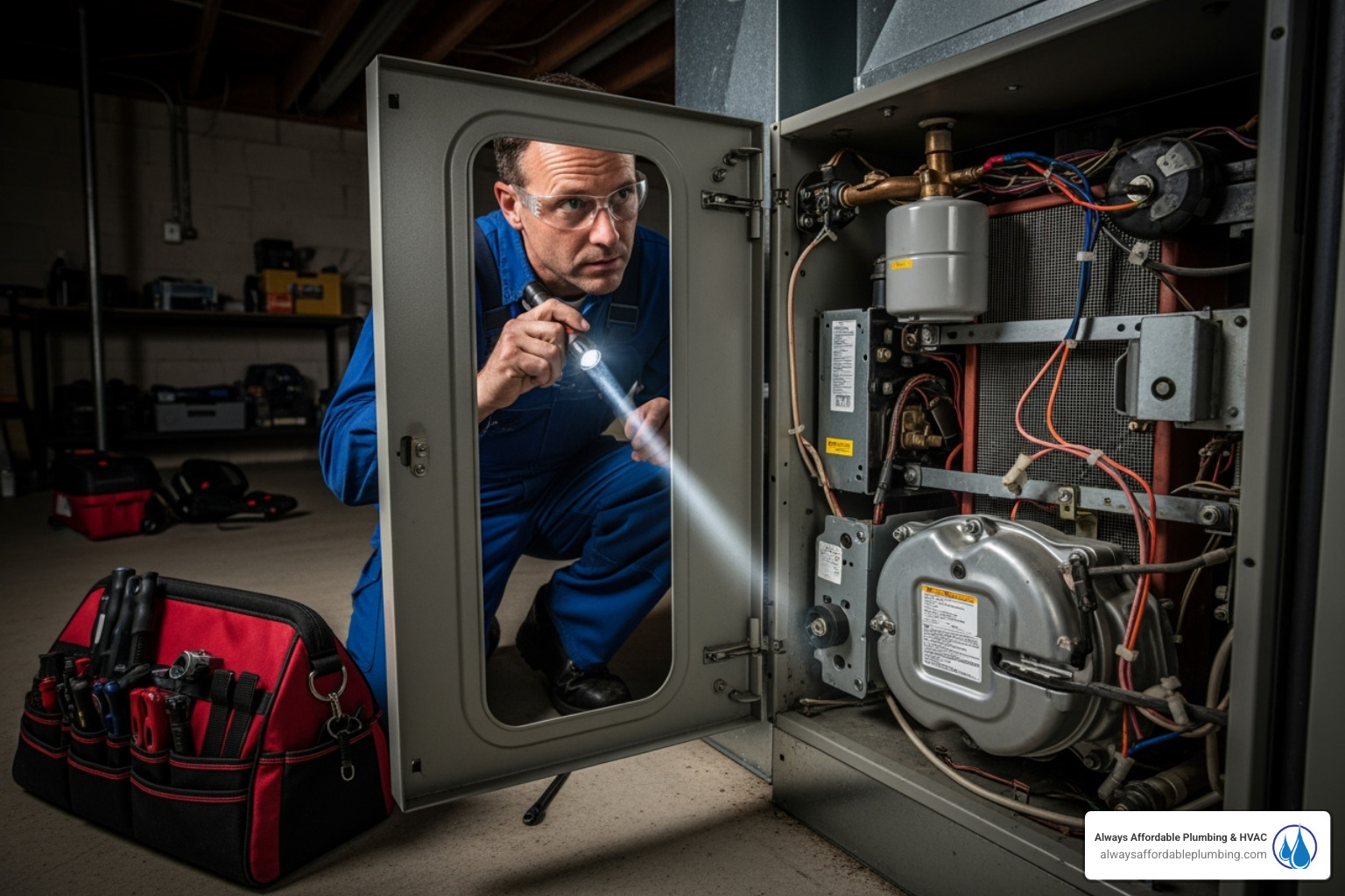 A professional HVAC technician inspecting the internal components of a gas furnace with a flashlight - Gas furnace repair