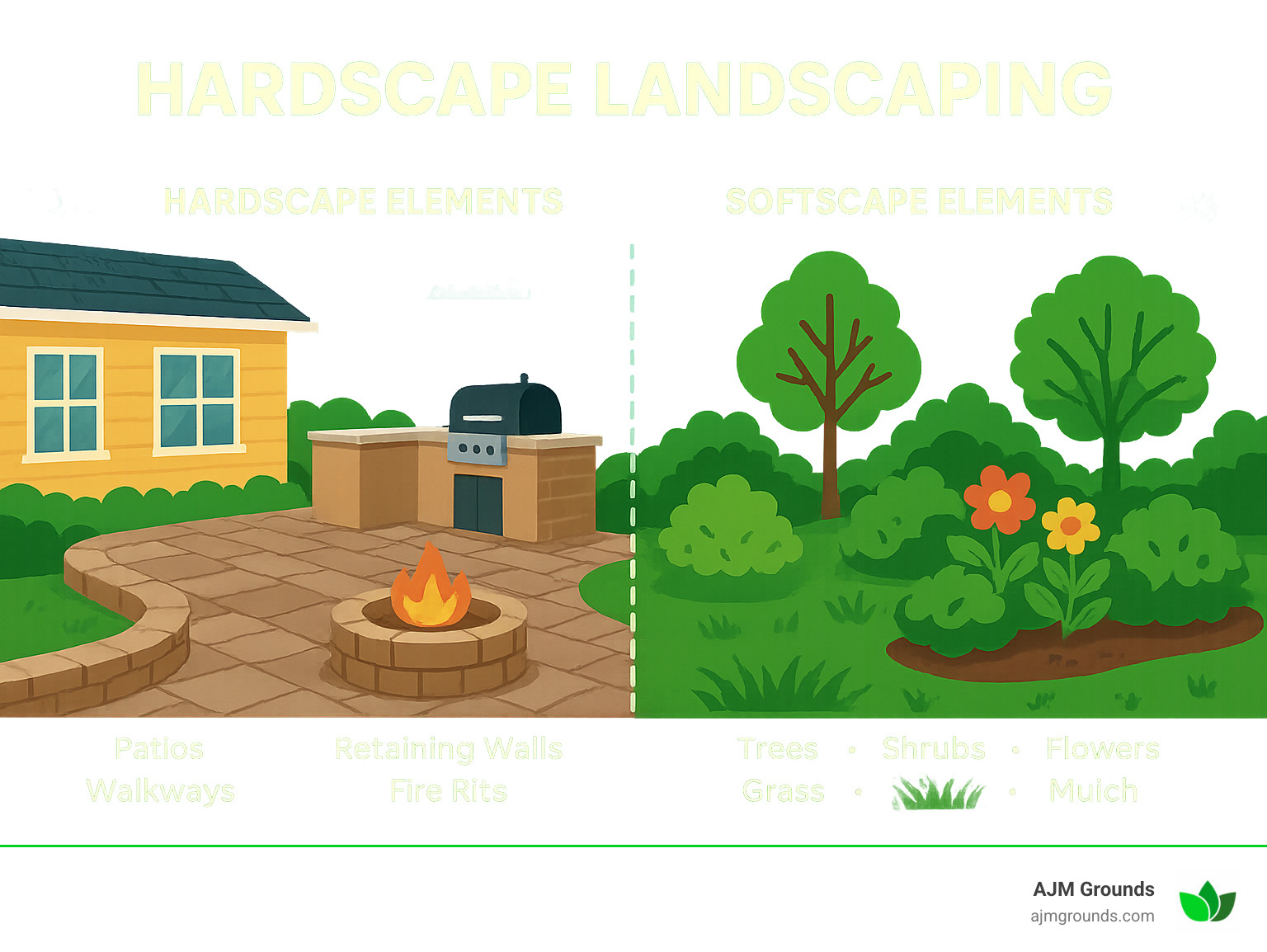 Infographic showing the difference between hardscape elements (patios, walkways, retaining walls, fire pits, outdoor kitchens) and softscape elements (trees, shrubs, flowers, grass, mulch) in a typical backyard landscape design - hardscape landscaping infographic Infographic showing the difference between hardscape elements (patios, walkways, retaining walls, fire pits, outdoor kitchens) and softscape elements (trees, shrubs, flowers, grass, mulch) in a typical backyard landscape design - hardscape landscaping infographic