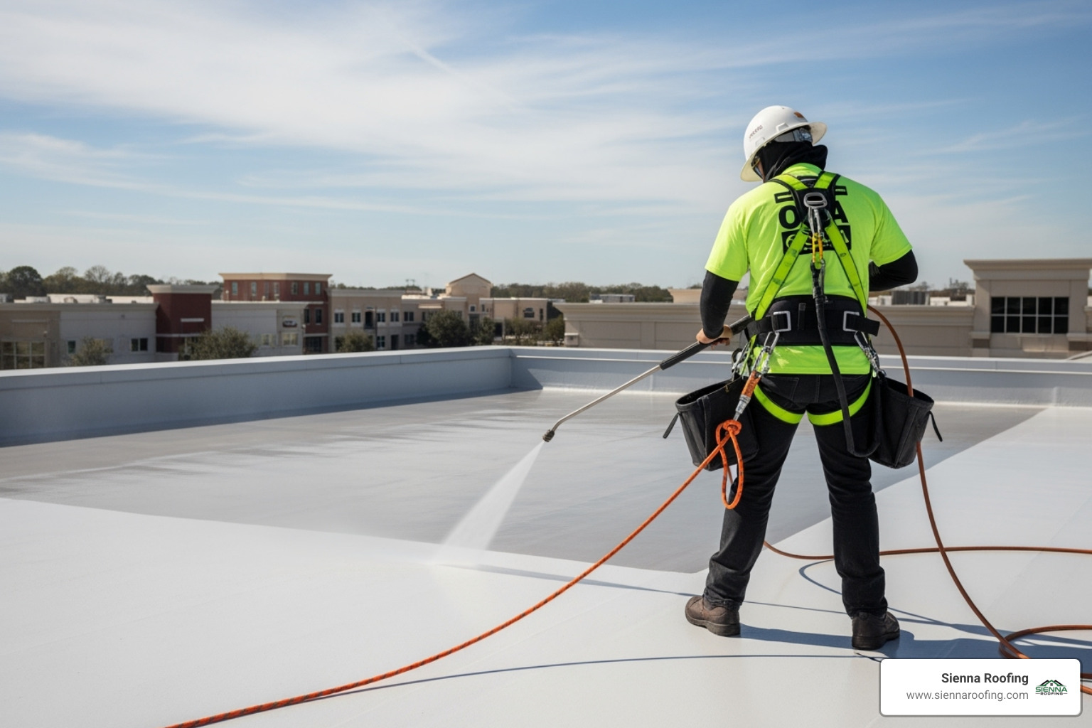 Roofing professional in safety harness power washing a flat roof in preparation for coating - flat roof coating contractors sugar land tx