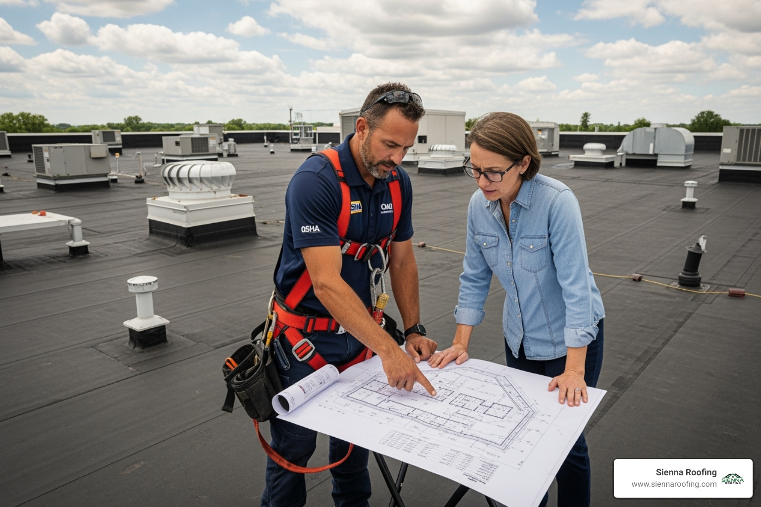 Professional roofer in safety harness consulting with a building owner, pointing to a roof plan - flat roof coating contractors sugar land tx