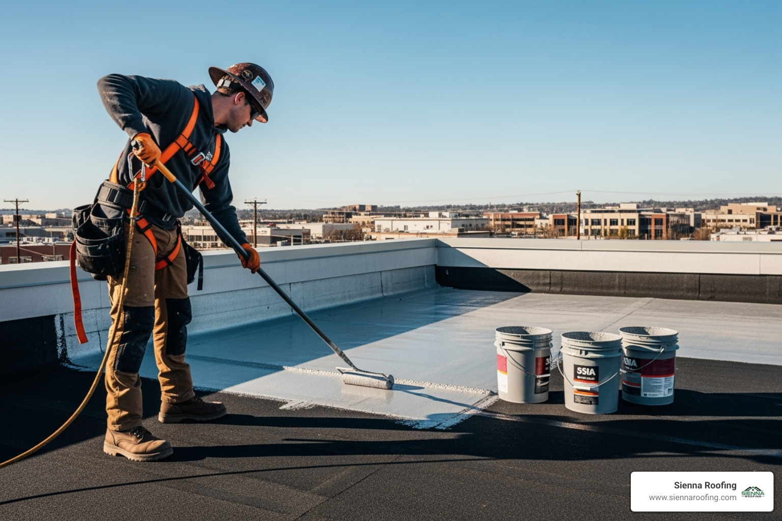 Roofing professional in safety harness applying different types of roof coatings - flat roof coating contractors sugar land tx