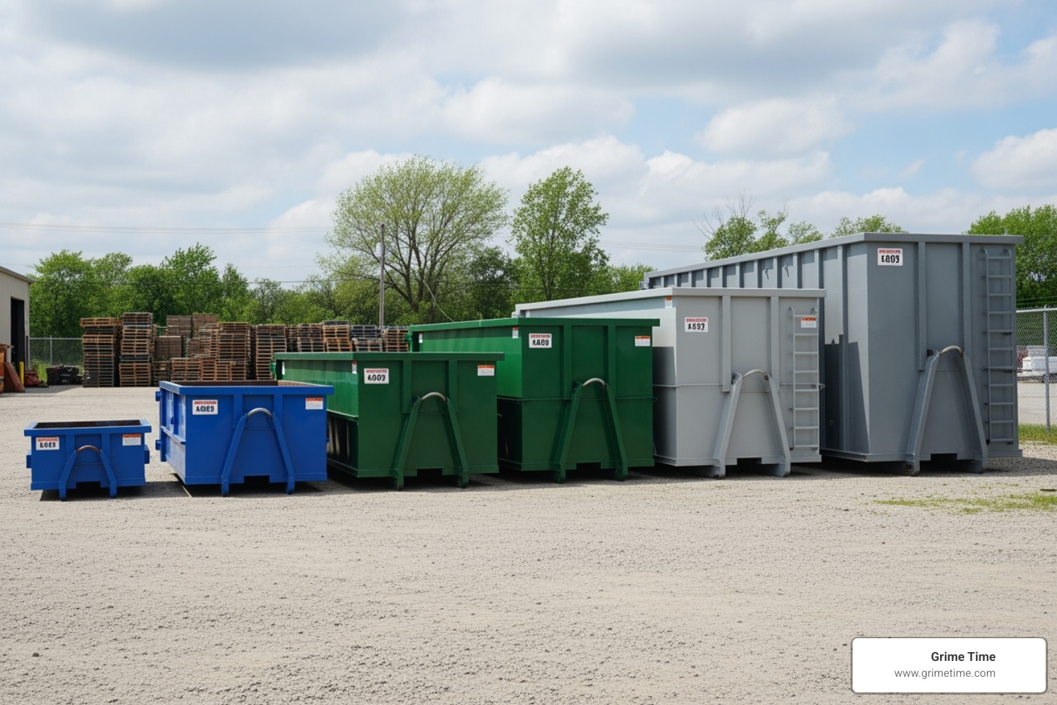 Lineup of different dumpster sizes for visual comparison - Dumpster rental near me