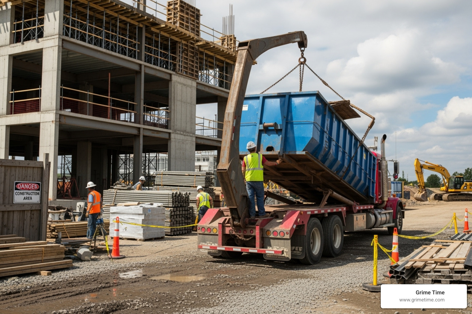 Roll-off dumpster being delivered to a construction site - Dumpster rental near me