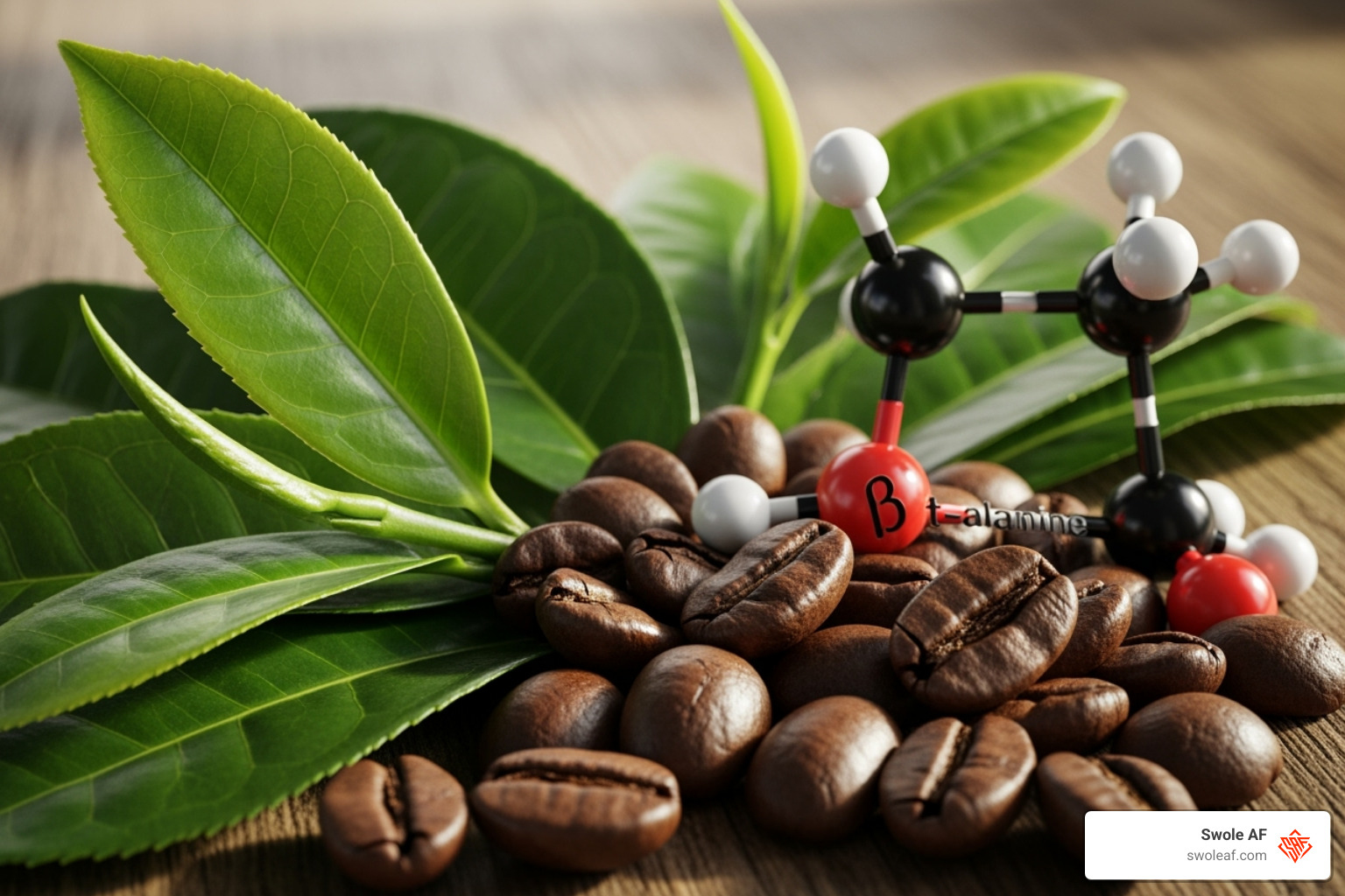various key ingredients like green tea leaves, coffee beans, and a beta-alanine molecule structure -fat loss pre workout supplement