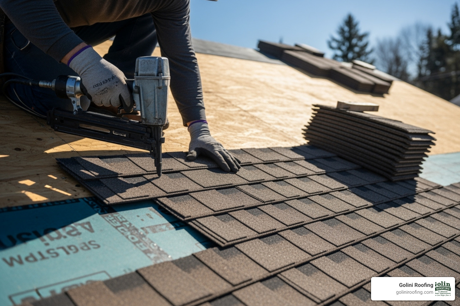 roofer laying a course of architectural shingles - shingle roofing process roofer laying a course of architectural shingles - shingle roofing process
