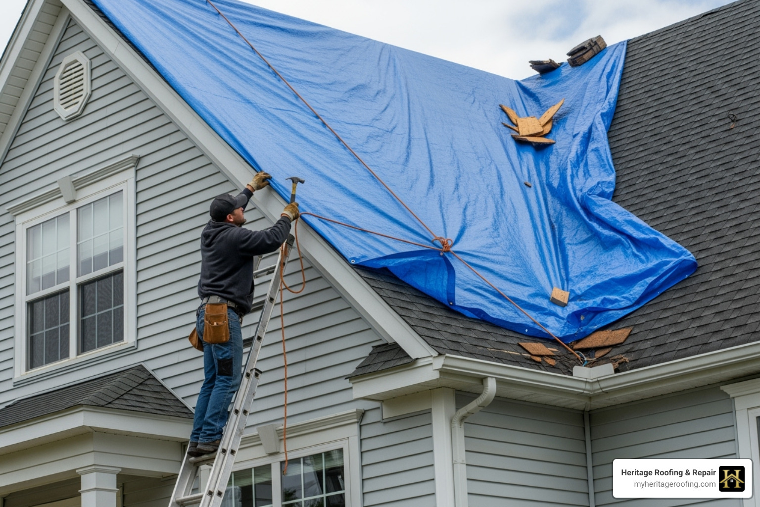 person tarping a roof - emergency roof repair