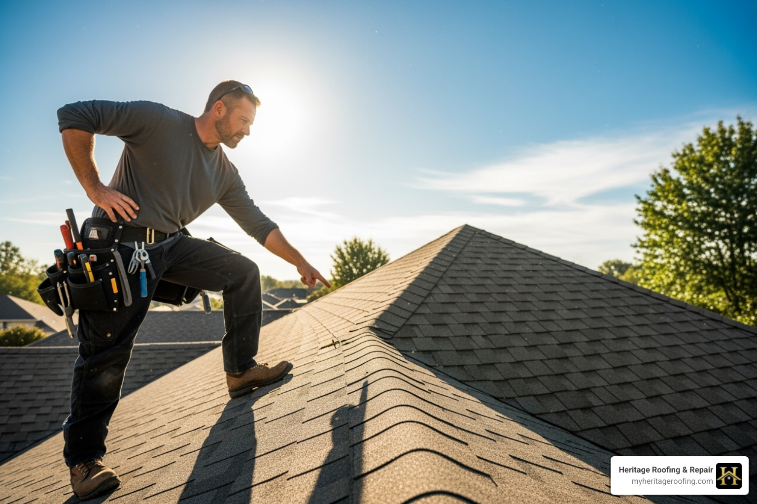 roofer on a sunny day performing a routine roof inspection - emergency roof repair