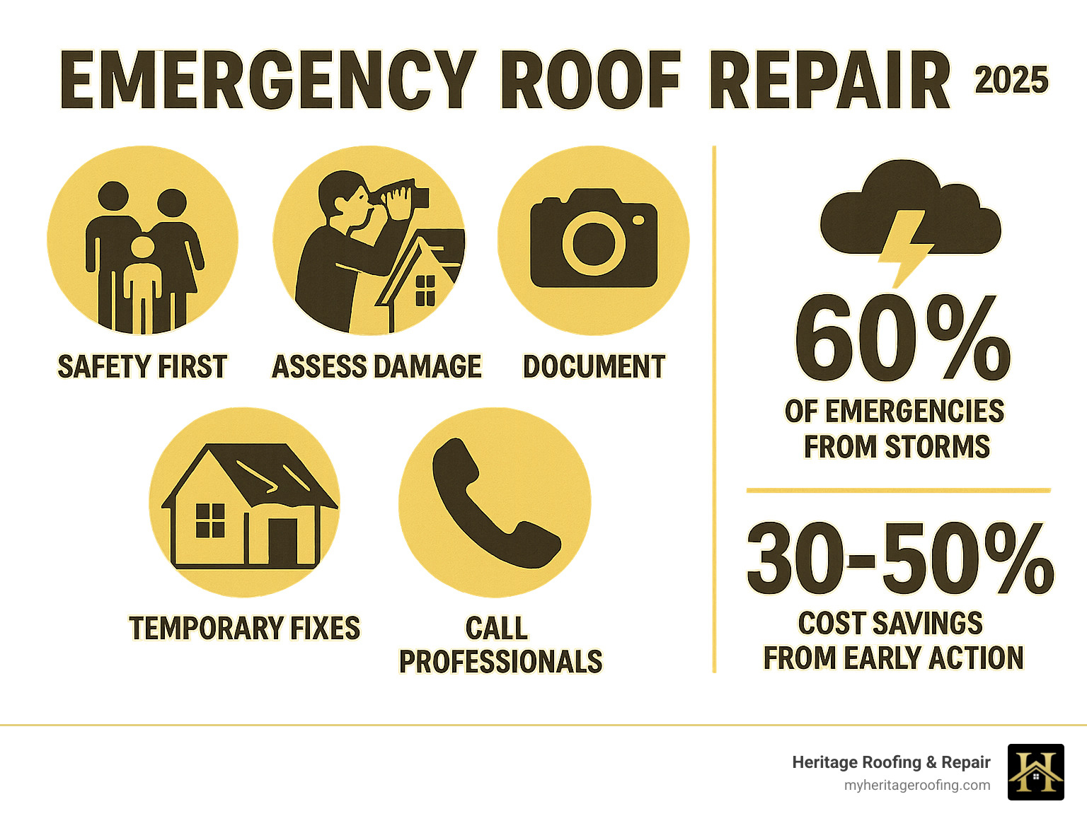 Infographic showing emergency roof repair steps: 1) Safety first with family icon, 2) Assess damage with binoculars from ground, 3) Document with camera icon, 4) Temporary fixes with tarp covering roof, 5) Call professionals with phone icon. Statistics showing 60% of emergencies from storms and 30-50% cost savings from early action - emergency roof repair infographic 