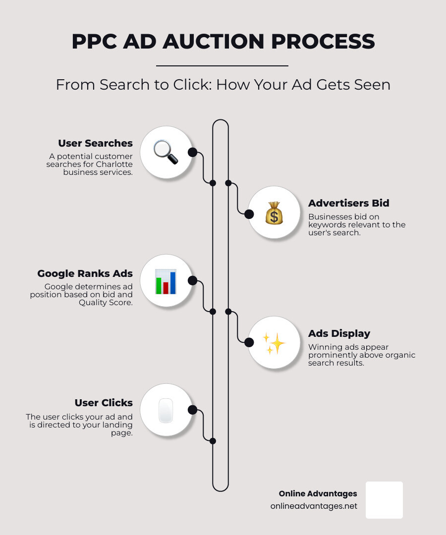Infographic showing the PPC ad auction process: user searches for Charlotte business services, advertisers bid on keywords, Google determines ad position based on bid amount and Quality Score, winning ads display above organic results, user clicks ad and visits landing page - PPC advertising Charlotte infographic infographic-line-5-steps-neat_beige
