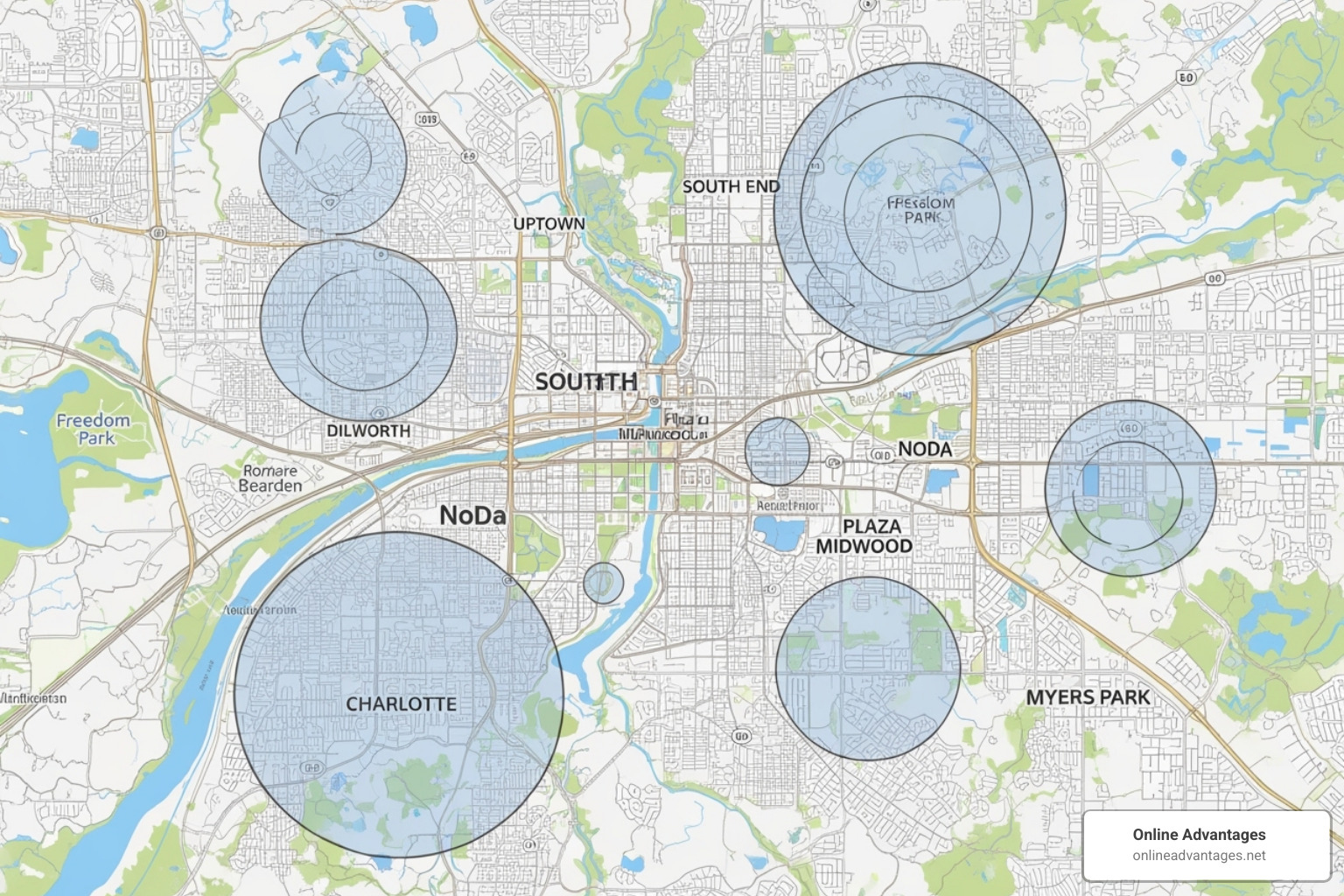 Map of Charlotte with targeted neighborhoods and radiuses - PPC advertising Charlotte