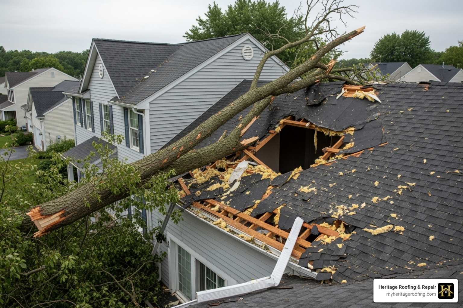 large tree branch that has fallen on a residential roof - emergency roof repair