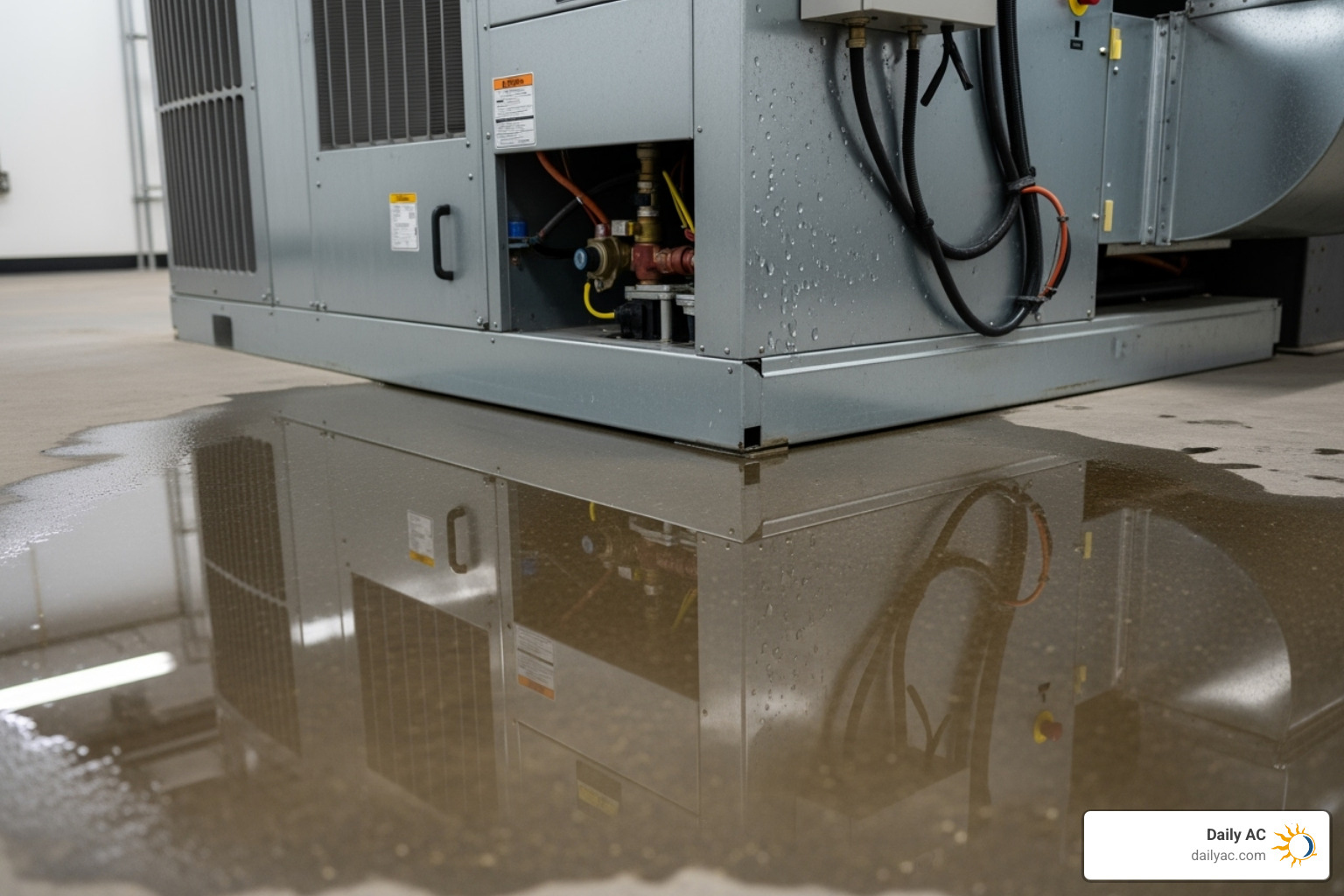 Image of water pooling around an indoor commercial HVAC unit - Emergency commercial AC service