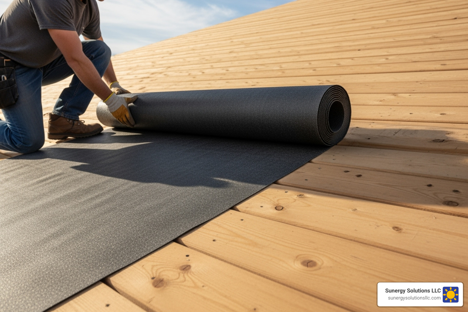 synthetic underlayment being rolled out on a roof deck - Metal roof installation synthetic underlayment being rolled out on a roof deck - Metal roof installation
