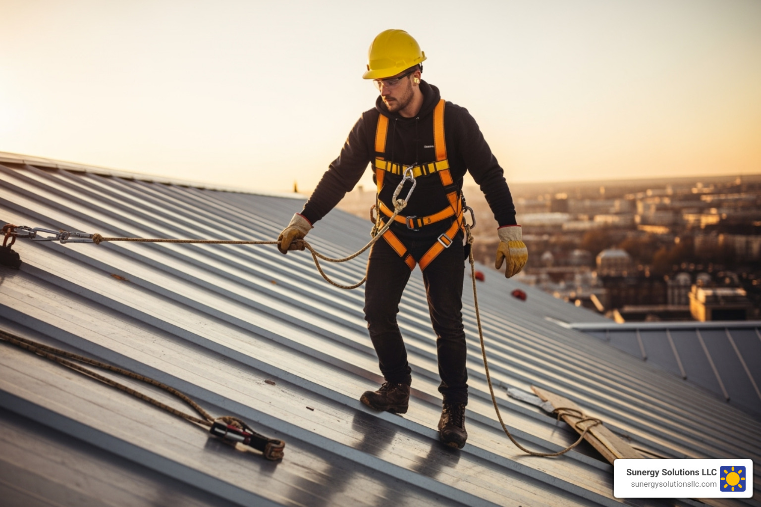 roofer wearing a safety harness and other personal protective equipment (PPE) - Metal roof installation roofer wearing a safety harness and other personal protective equipment (PPE) - Metal roof installation
