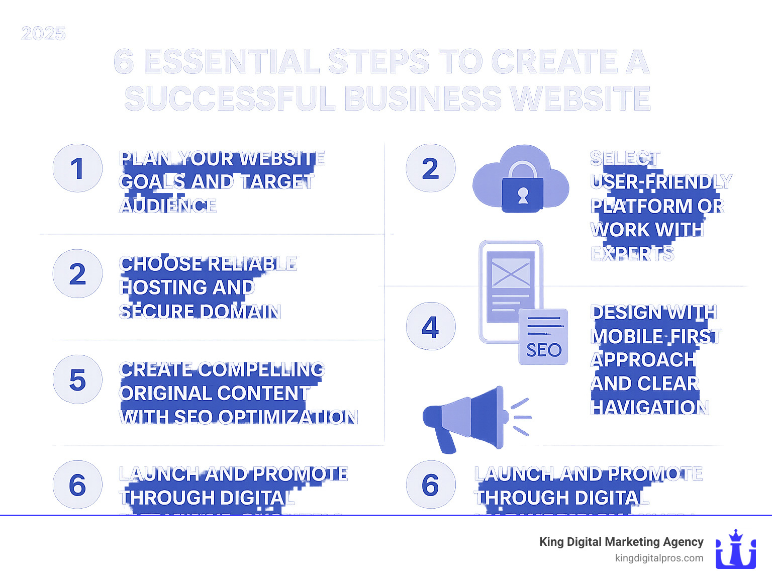Detailed infographic showing the 6 essential steps to create a successful business website: 1) Plan your website goals and target audience, 2) Choose reliable hosting and secure domain, 3) Select user-friendly platform or work with experts, 4) Design with mobile-first approach and clear navigation, 5) Create compelling original content with SEO optimization, 6) Launch and promote through digital marketing channels - small business web infographic 