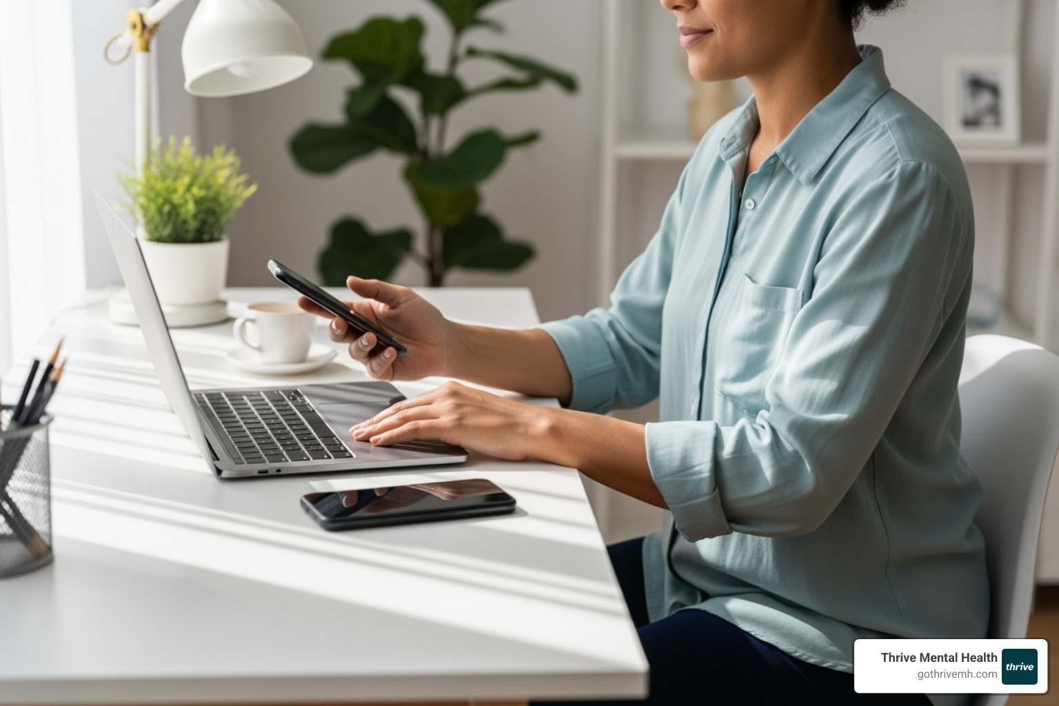 person setting a healthy boundary in a serene work-from-home setting - mental health tips