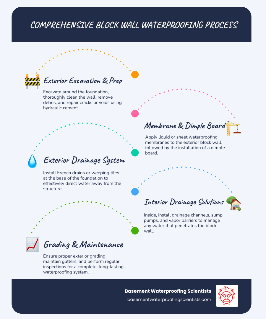 Comprehensive infographic showing the waterproofing process for block wall foundations, including excavation steps, surface preparation with power washing and crack repair, application of liquid and sheet membranes, installation of dimple boards and French drains, proper backfilling techniques, and interior solutions like vapor barriers and sump pumps, with cost breakdown and timeline for each phase - waterproofing block wall foundation infographic infographic-line-5-steps-blues-accent_colors