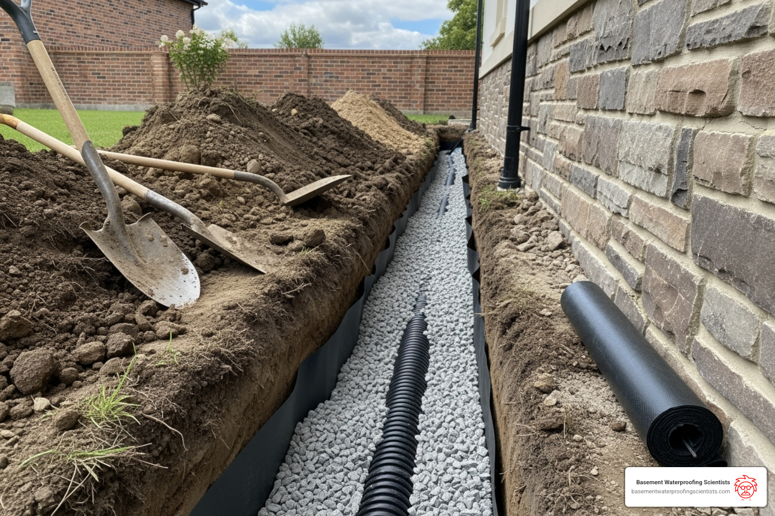 french drain installation - waterproofing block wall foundation