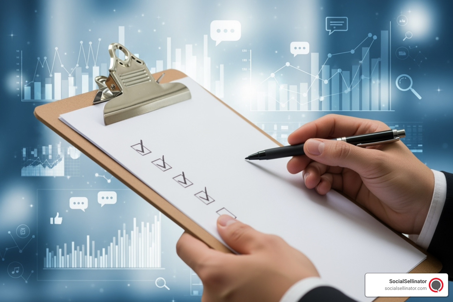 A detailed scene of a marketer checking items on a printed checklist while viewing analytics dashboards and a city map on a screen — Local SEO audits in practice