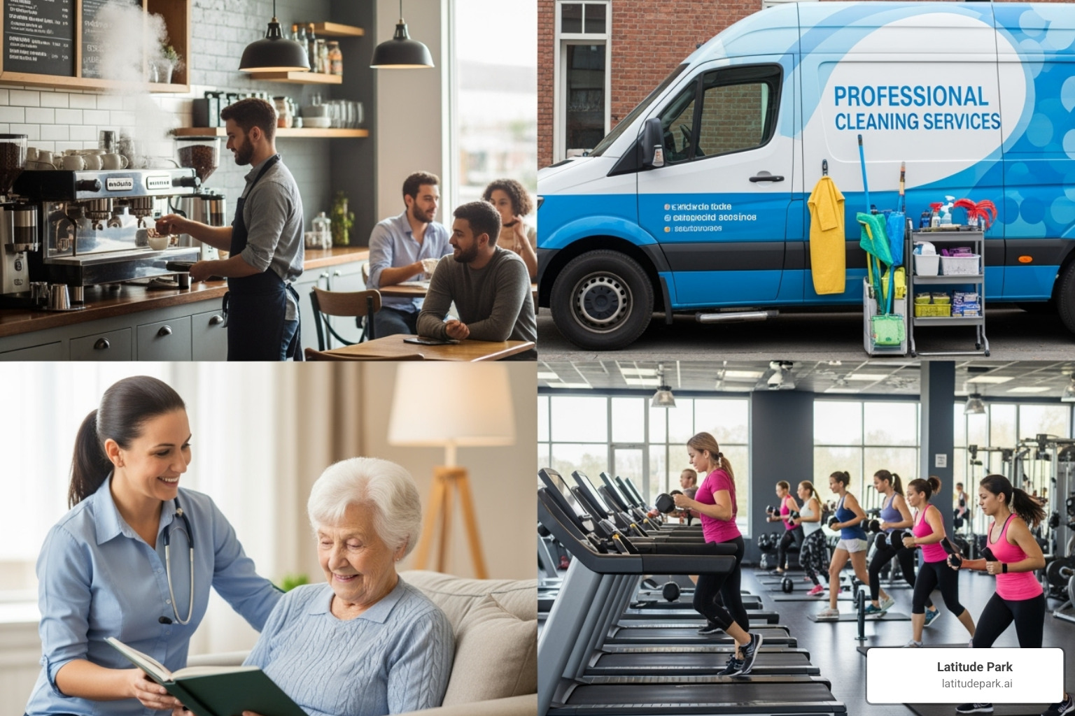 A diverse collage of franchise types: a busy coffee shop, a professional cleaning van, a compassionate senior care provider interacting with a client, and an energetic fitness center - franchise consulting company A diverse collage of franchise types: a busy coffee shop, a professional cleaning van, a compassionate senior care provider interacting with a client, and an energetic fitness center - franchise consulting company