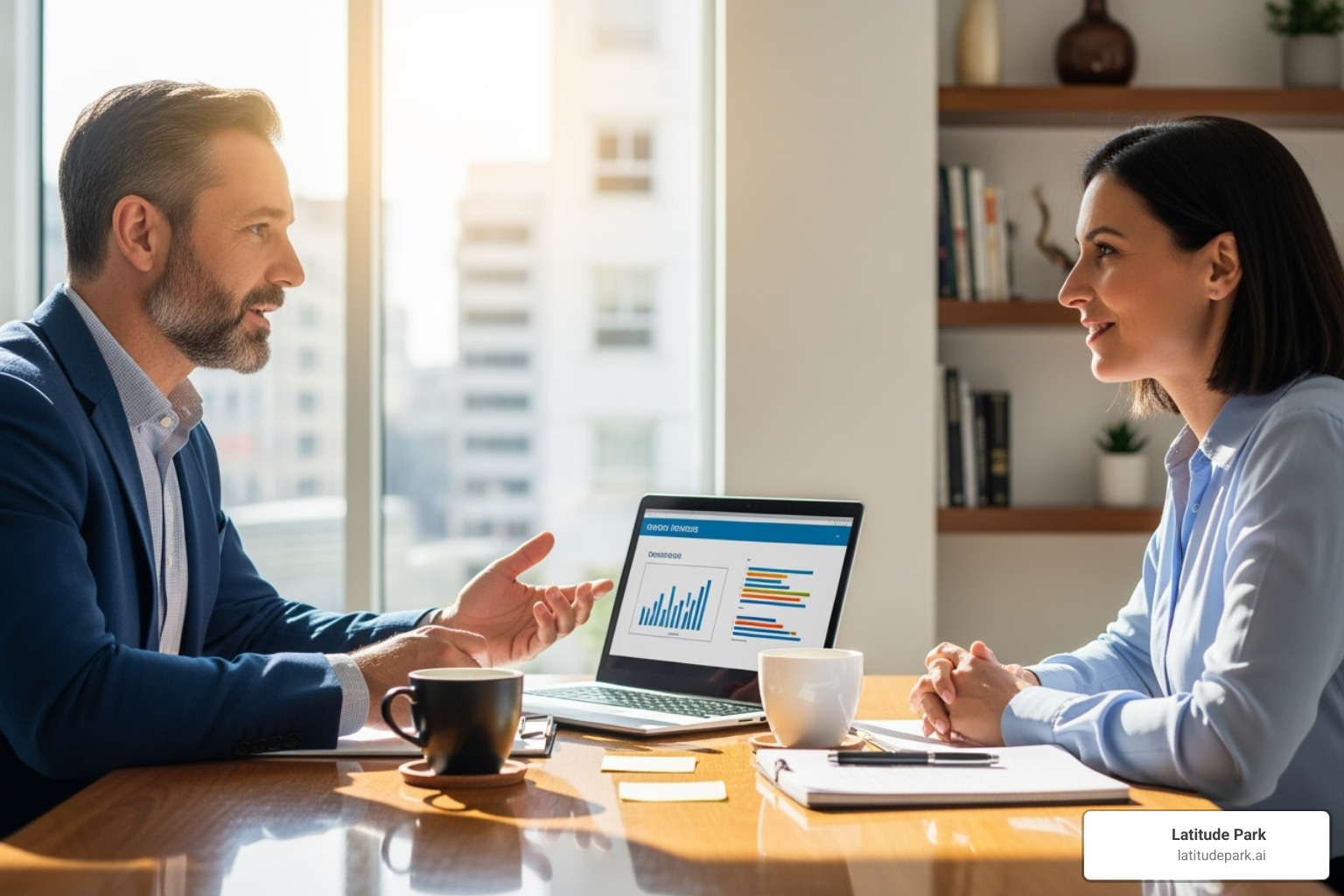 A consultant and a client collaborating over a laptop and coffee, symbolizing partnership and focused discussion - franchise consulting company A consultant and a client collaborating over a laptop and coffee, symbolizing partnership and focused discussion - franchise consulting company