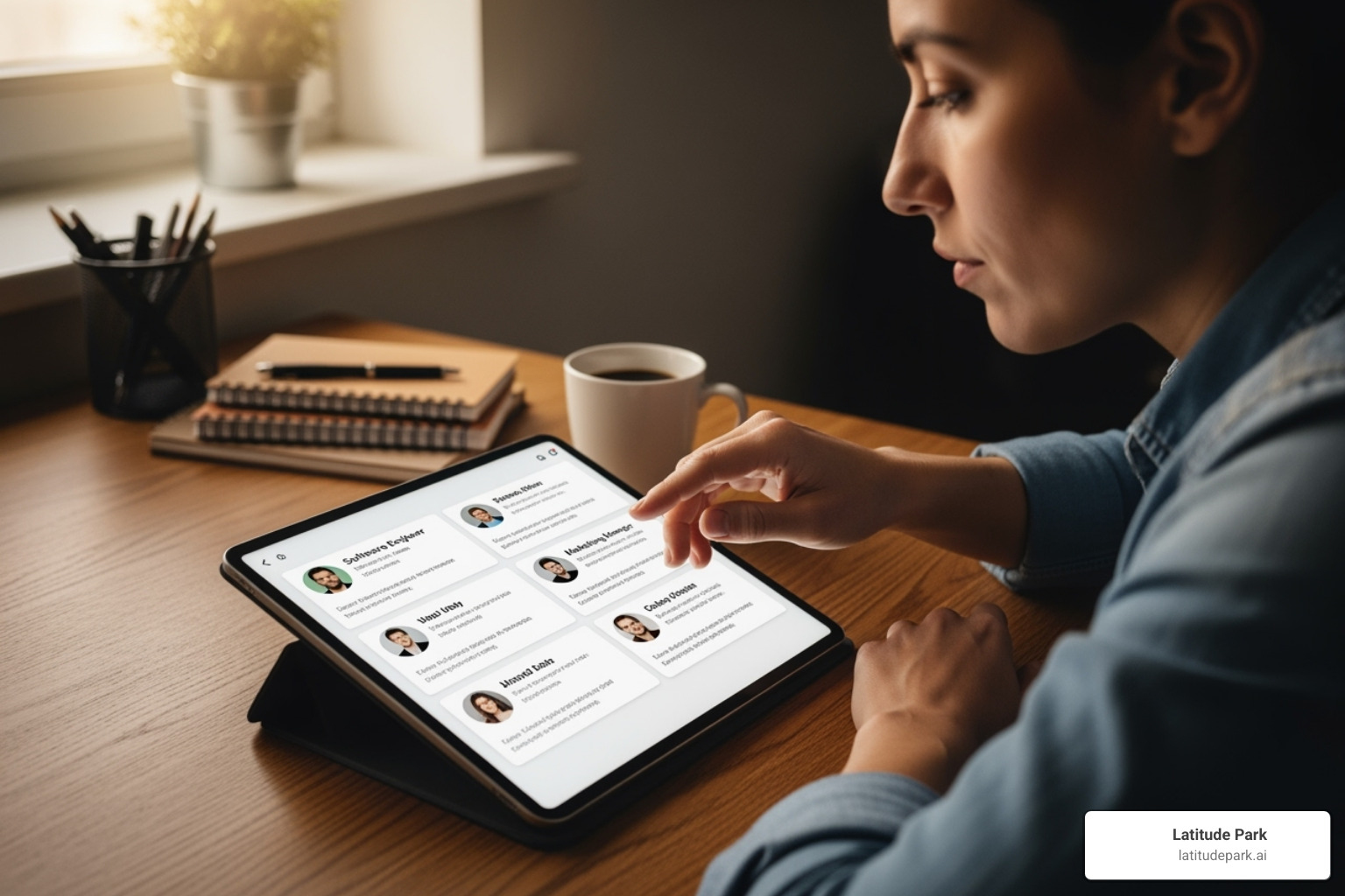 A person carefully reviewing professional profiles on a tablet, symbolizing the diligent process of selecting the right franchise consultant - franchise consulting company A person carefully reviewing professional profiles on a tablet, symbolizing the diligent process of selecting the right franchise consultant - franchise consulting company