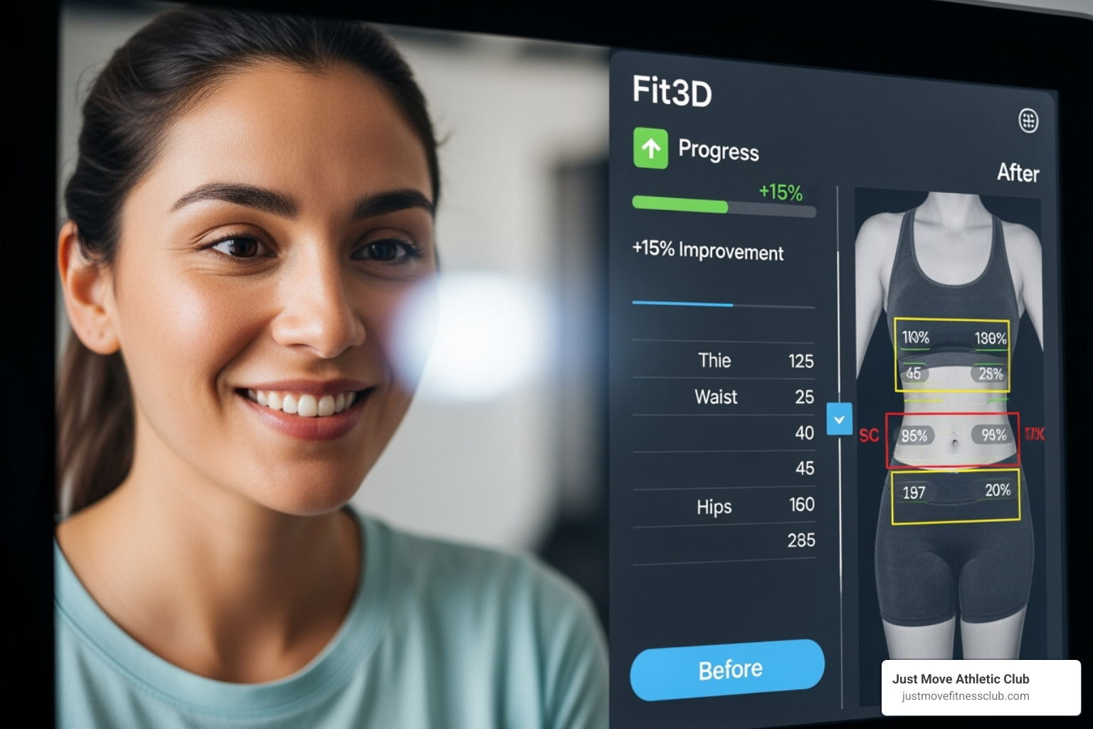 person smiling while looking at their progress on a Fit3D body scan report - Fitness goal setting