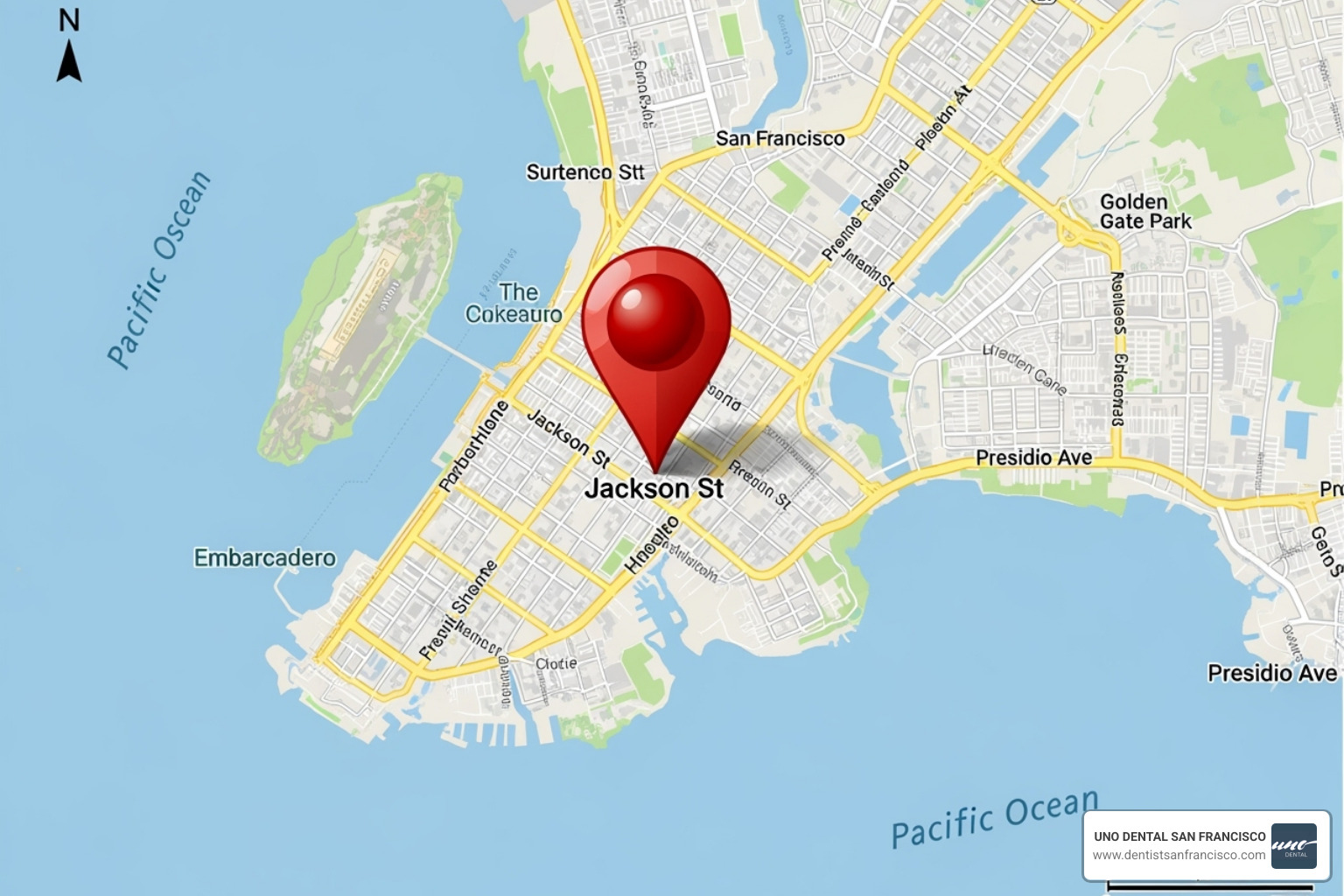 A map highlighting Jackson Street in San Francisco, with a pin marking the location of a dental office - Dentist Jackson Street