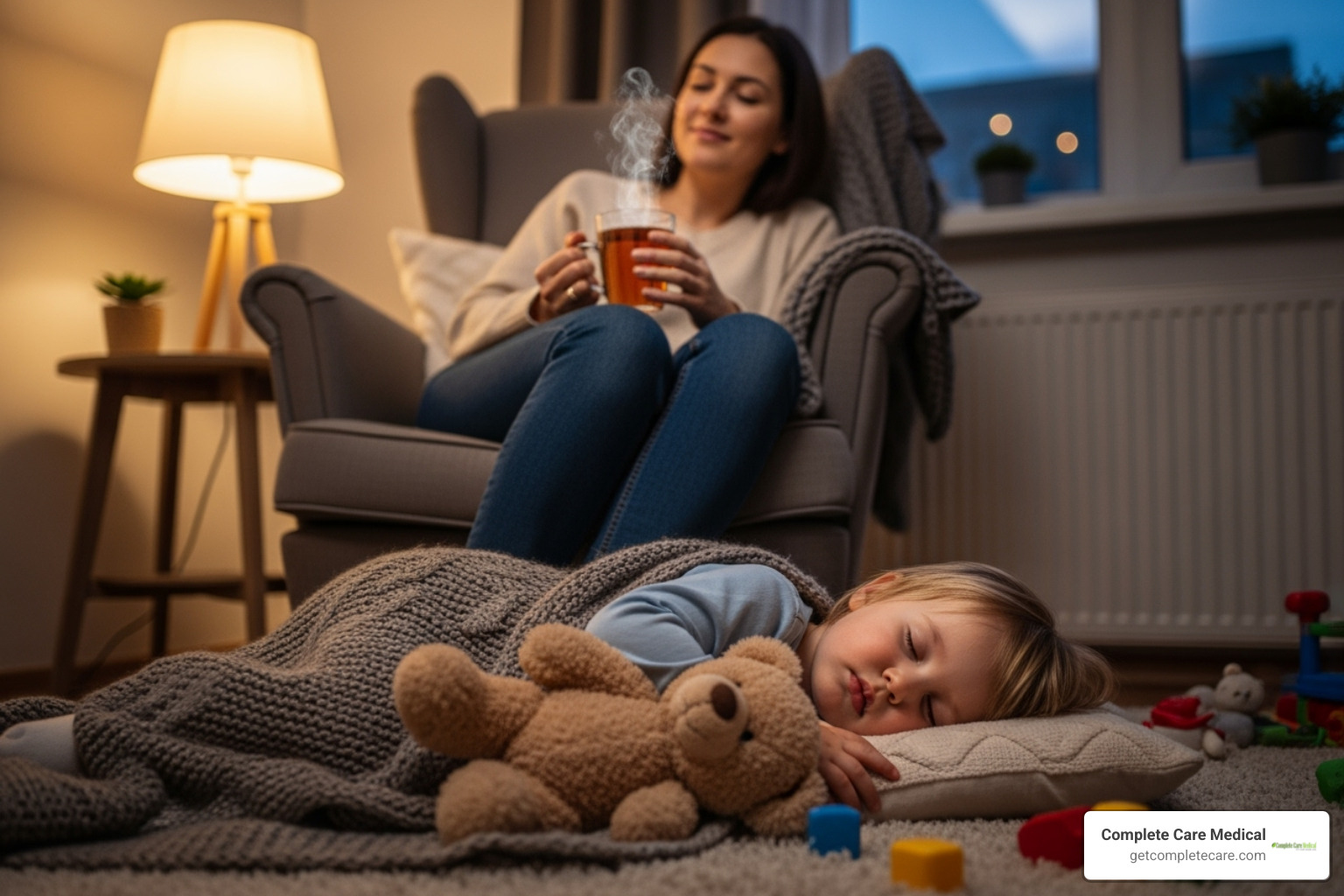 parent relaxing with a cup of tea while a child sleeps - Staying Healthy When Your Kids Bring Home Illness