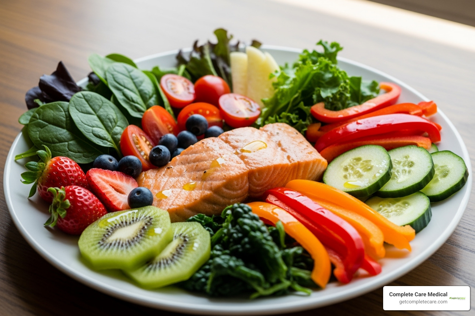 colorful plate of fruits, vegetables, and lean protein - Staying Healthy When Your Kids Bring Home Illness