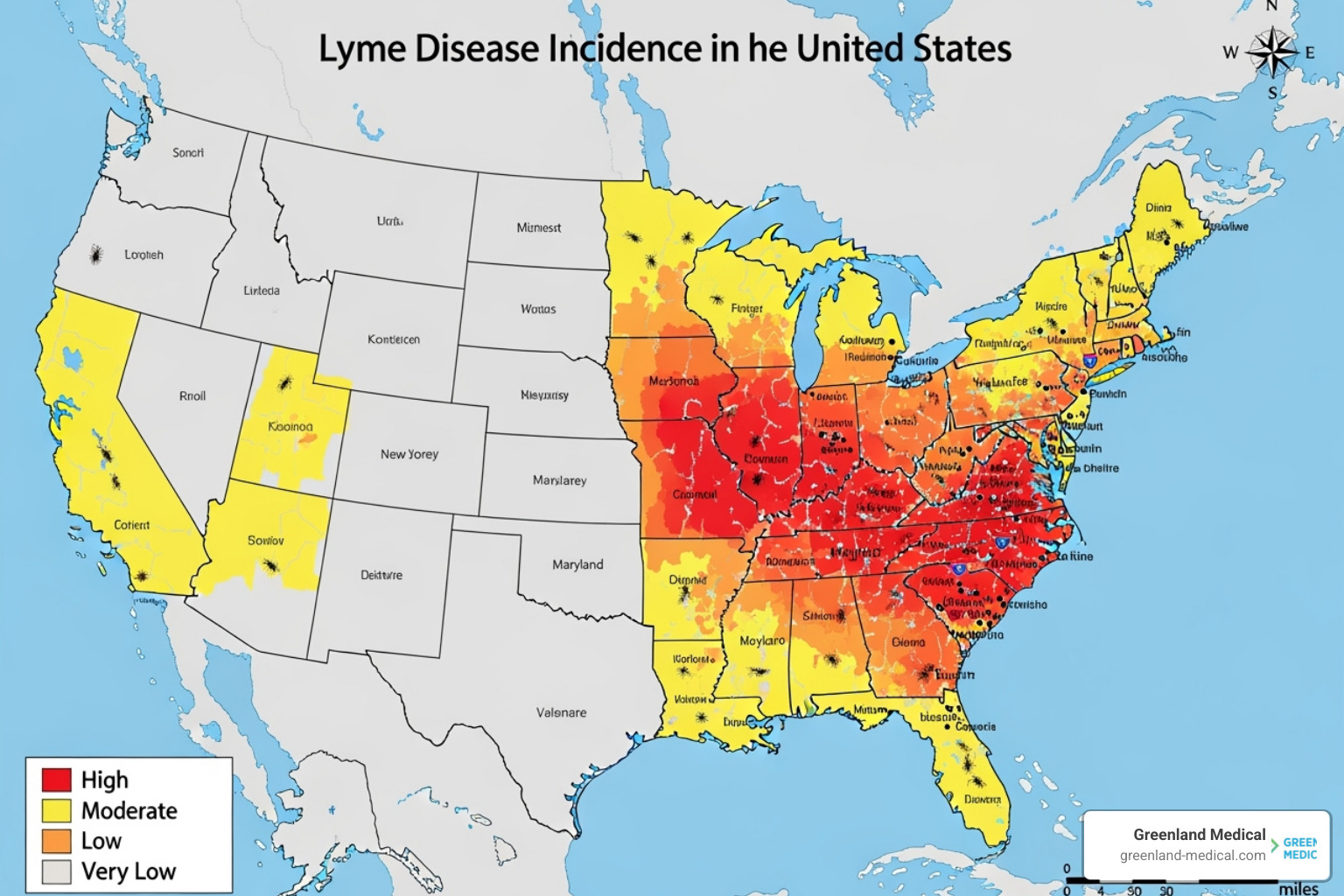 A map showing high-risk Lyme disease areas in the United States - borreliosis disease A map showing high-risk Lyme disease areas in the United States - borreliosis disease