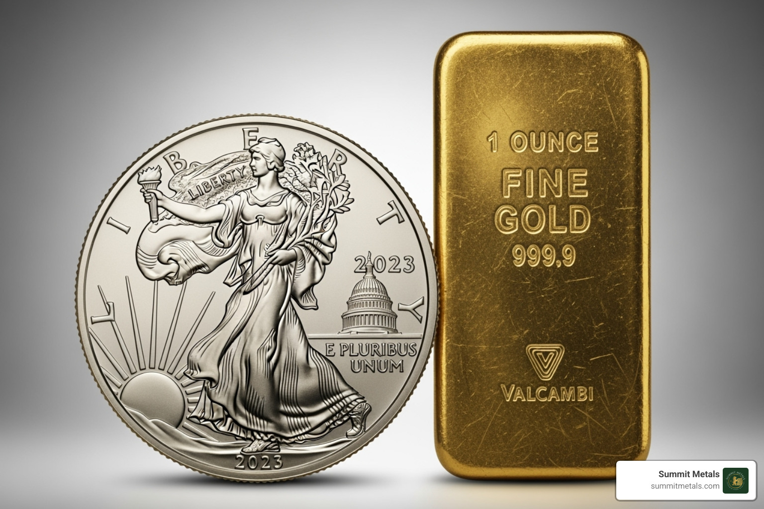American Gold Eagle coin and a 1 oz gold bar side-by-side - gold investment benefits