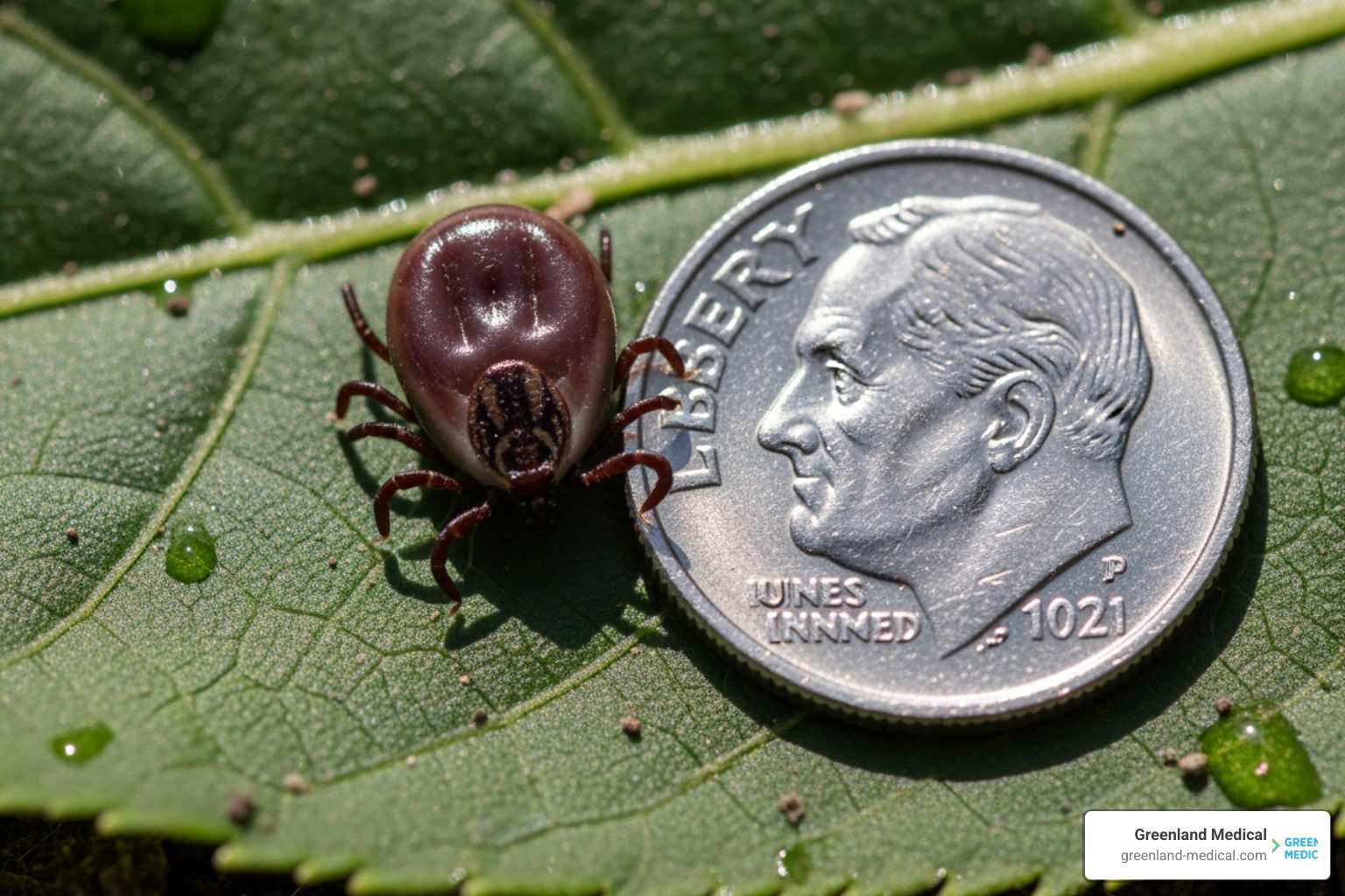 A deer tick (Ixodes scapularis) next to a coin for scale - borreliosis disease A deer tick (Ixodes scapularis) next to a coin for scale - borreliosis disease