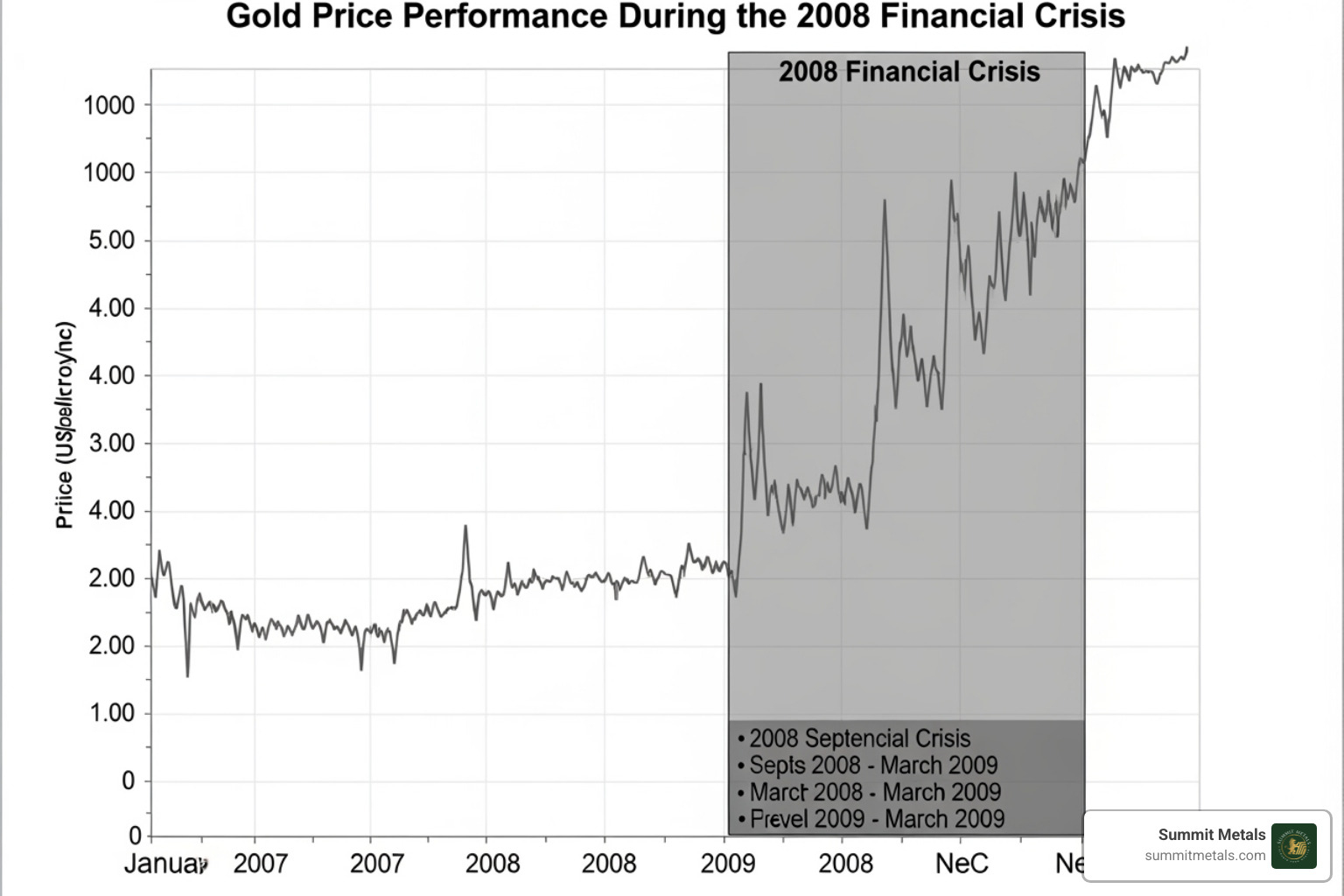 chart showing gold's price surge during the 2008 financial crisis - gold investment benefits