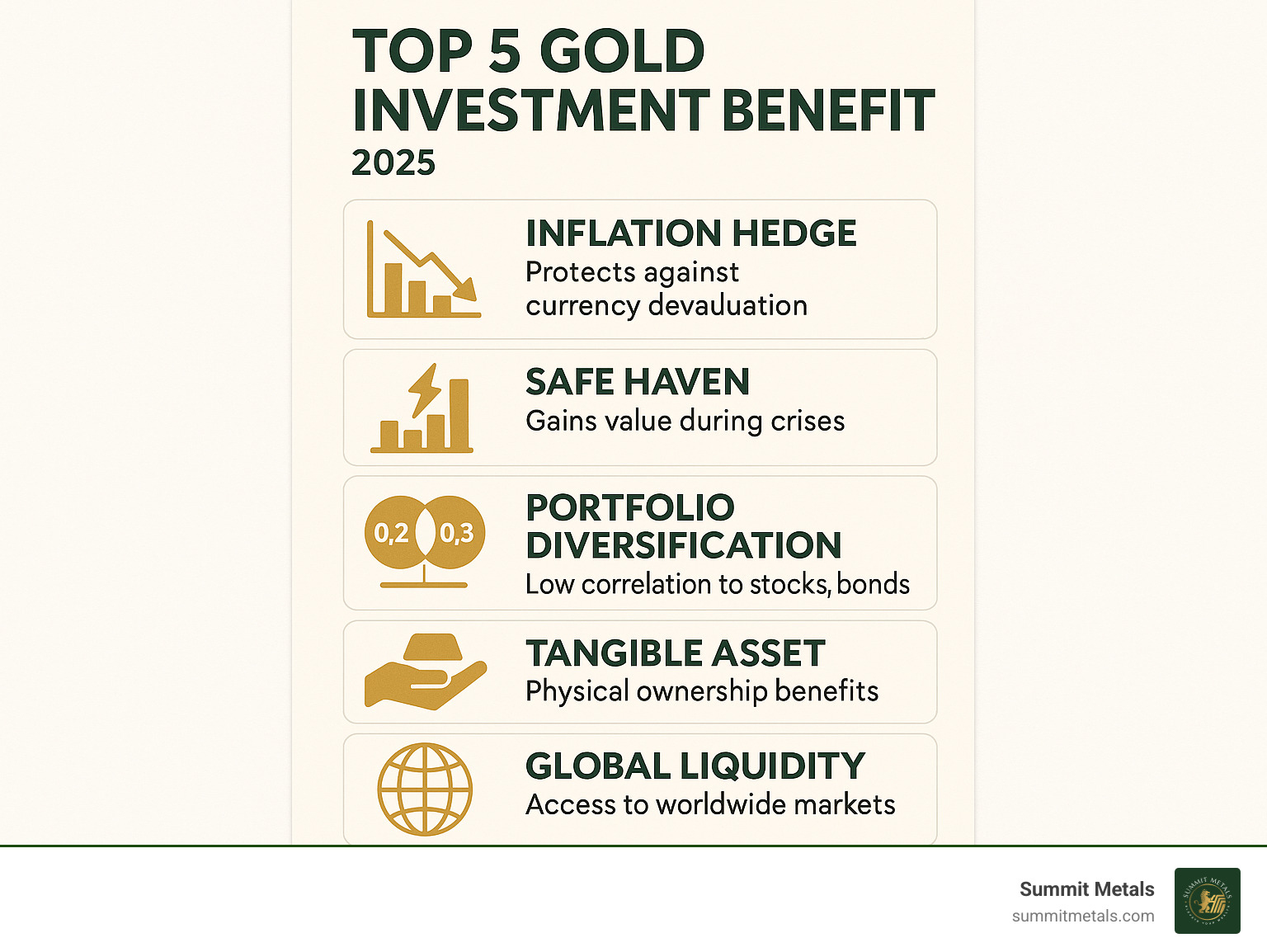 Infographic showing the top 5 gold investment benefits: Inflation Hedge with dollar decline chart, Safe Haven with crisis timeline, Portfolio Diversification with correlation data, Tangible Asset with physical ownership benefits, and Global Liquidity with worldwide market access - gold investment benefits infographic 