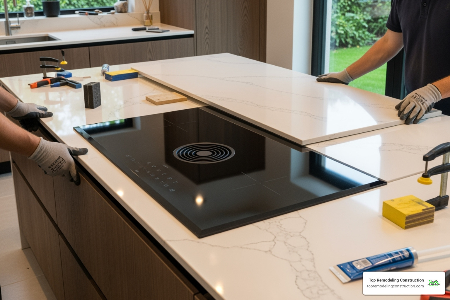 beautiful quartz countertop being installed around a high-end cooktop - Home Remodeling > Kitchen Renovation Las Vegas > High-End Appliance Upgrades beautiful quartz countertop being installed around a high-end cooktop - Home Remodeling > Kitchen Renovation Las Vegas > High-End Appliance Upgrades