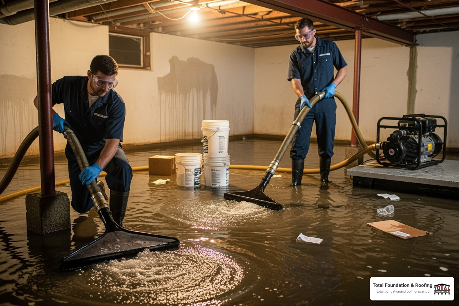 Technicians using water extraction wands and pumps in a basement - flooding repair near me