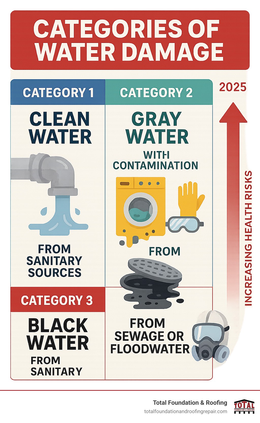 Infographic showing the three categories of water damage: Category 1 Clean Water from sanitary sources like broken pipes, Category 2 Gray Water with contamination from appliances or toilets, and Category 3 Black Water from sewage systems or floodwater, with increasing health risks and required safety equipment for each category - flooding repair near me infographic 