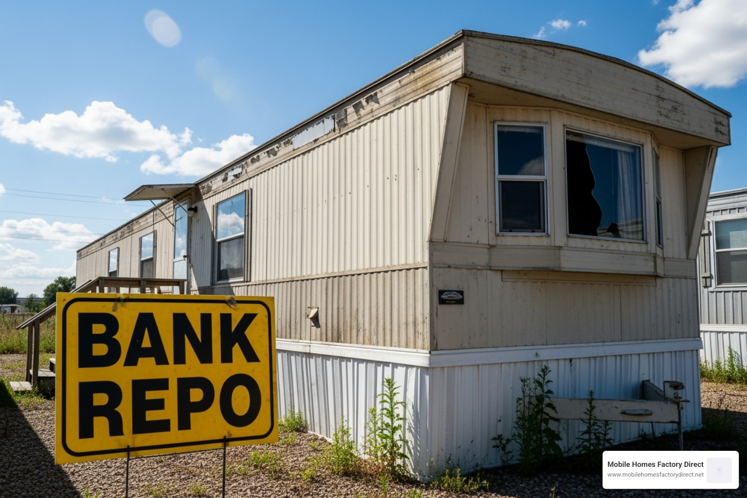 Image of a repossessed double-wide mobile home with a "Bank Repo" sign - Pre-owned mobile homes