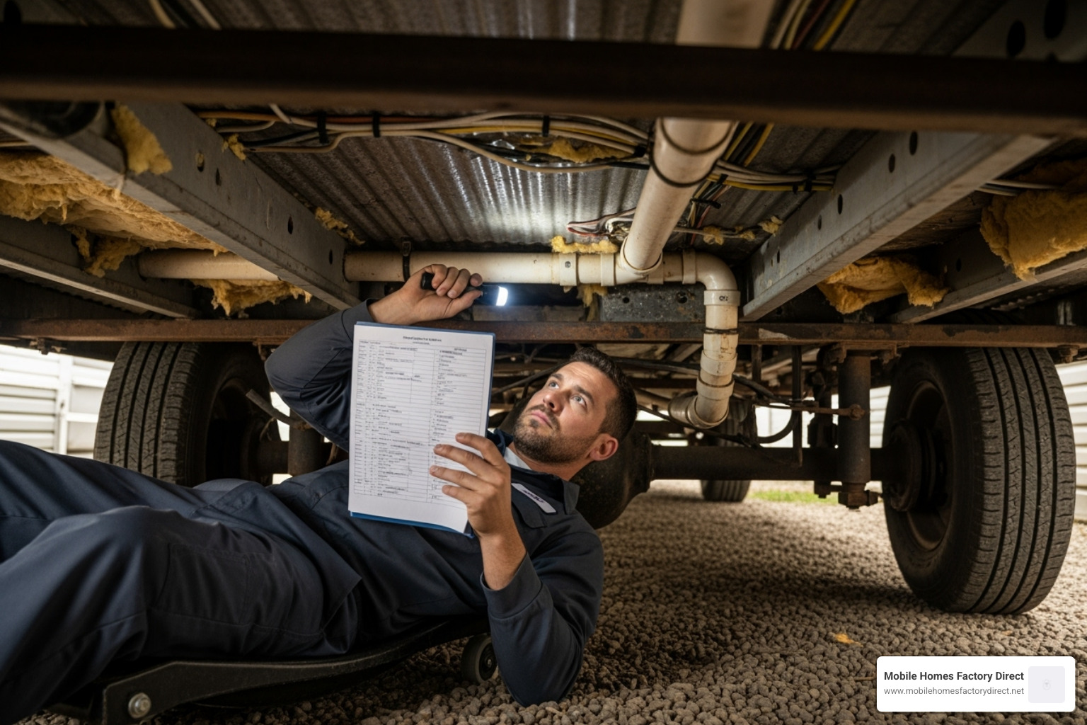 Image of a person using a detailed checklist to inspect the underside of a mobile home - Pre-owned mobile homes