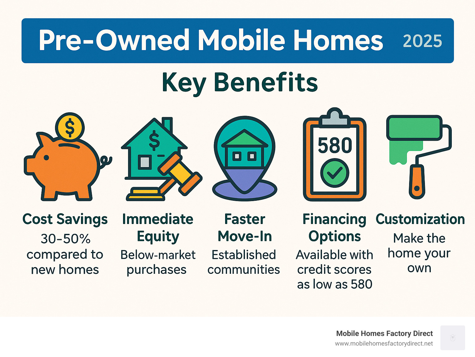 Infographic showing the key benefits of buying a pre-owned mobile home including cost savings of 30-50% compared to new homes, immediate equity potential from below-market purchases, faster move-in times with established communities, financing options available with credit scores as low as 580, and customization opportunities to make the home your own - Pre-owned mobile homes infographic 