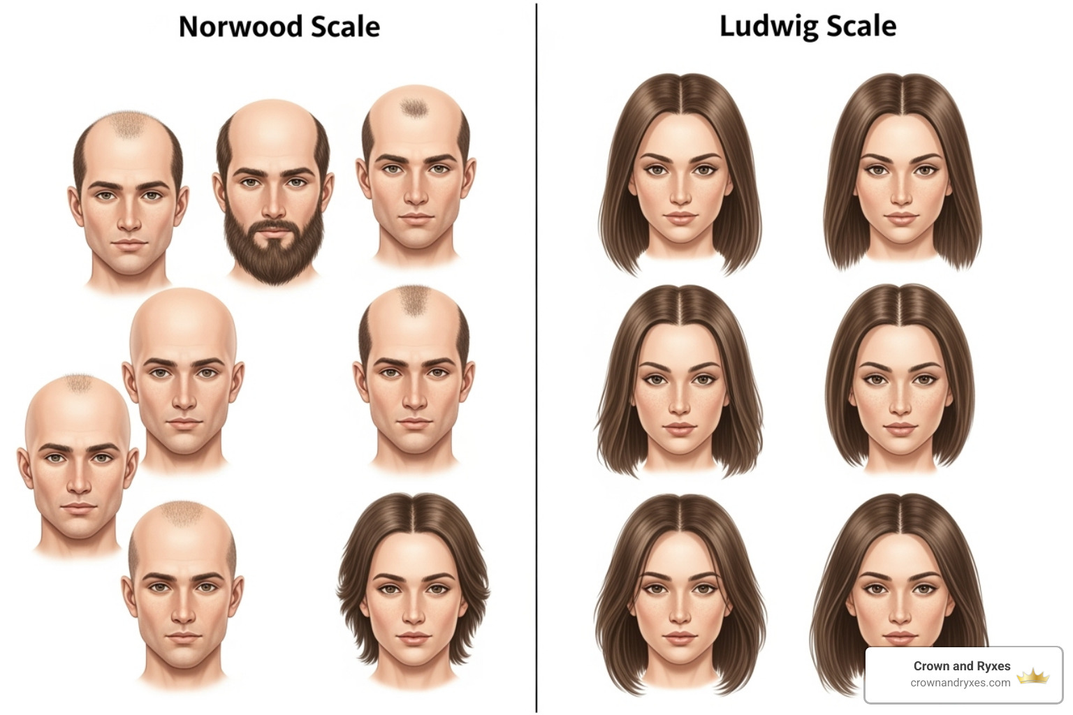 illustration of the Norwood scale for male pattern baldness and the Ludwig scale for female pattern hair loss - Balding treatment options