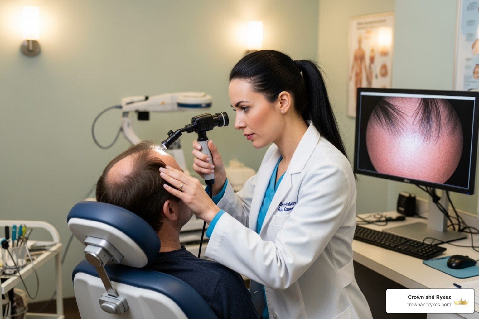 patient having a scalp analysis with a dermatologist - Balding treatment options