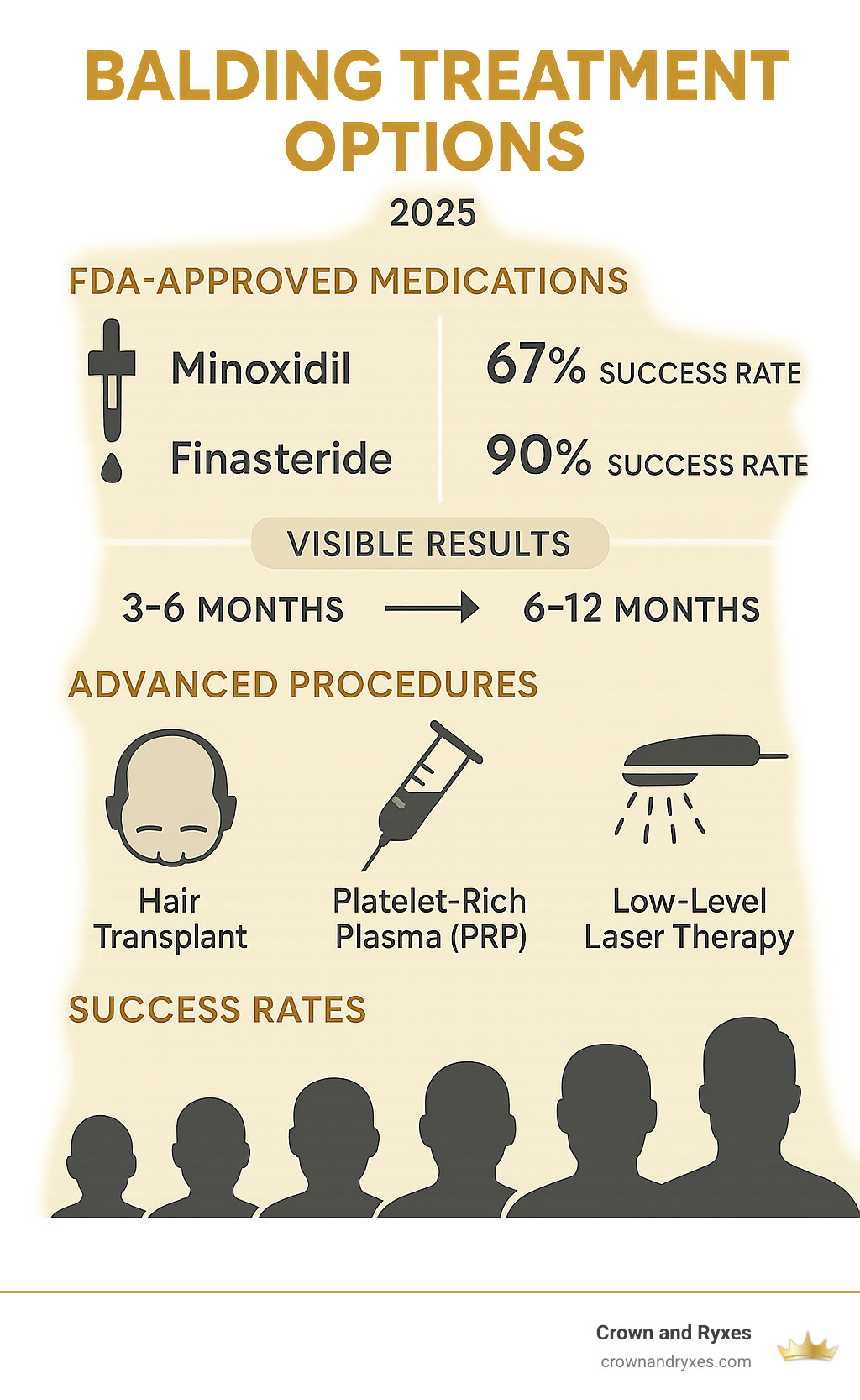 Comprehensive overview of balding treatment options including FDA-approved medications like Minoxidil and Finasteride, advanced procedures such as hair transplants and PRP therapy, success rates for each treatment, and timeline expectations for visible results - Balding treatment options infographic 