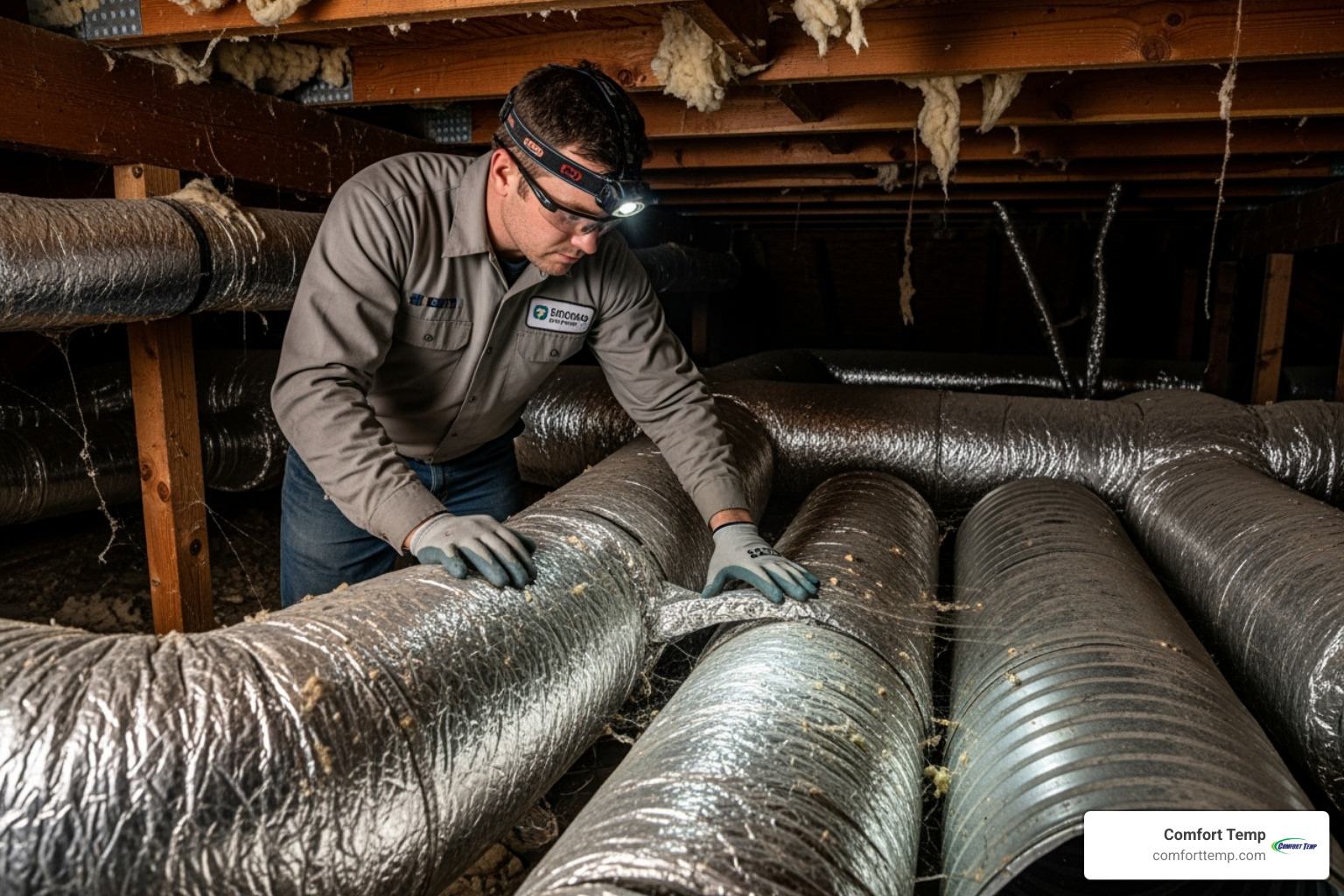 technician inspecting ductwork - cost to replace 2.5 ton air conditioner technician inspecting ductwork - cost to replace 2.5 ton air conditioner