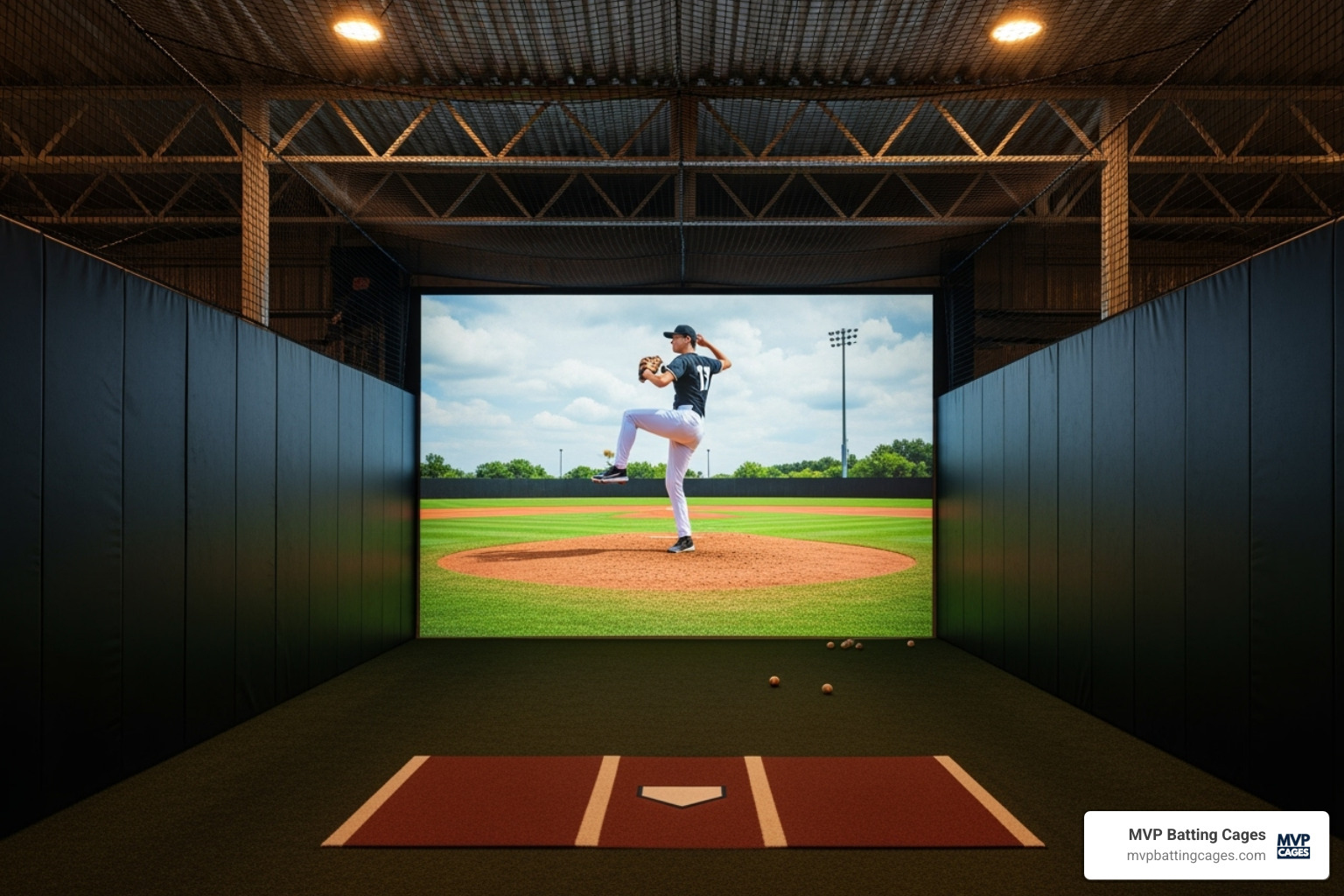 video pitching simulator screen showing a pitcher's windup - baseball pitching cages