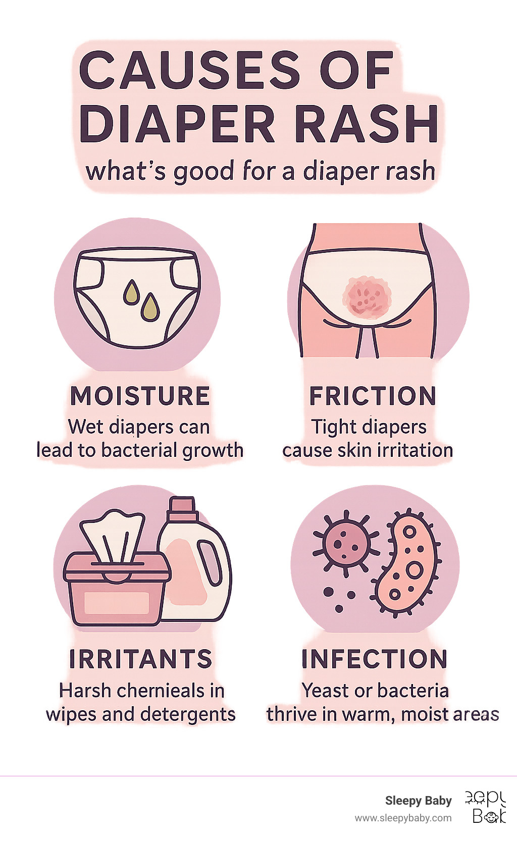 Infographic showing the four main causes of diaper rash: moisture from wet diapers creating bacterial growth, friction from tight diapers causing skin irritation, irritants from harsh chemicals in wipes and detergents, and infections from yeast or bacteria thriving in warm moist conditions - what's good for a diaper rash infographic 
