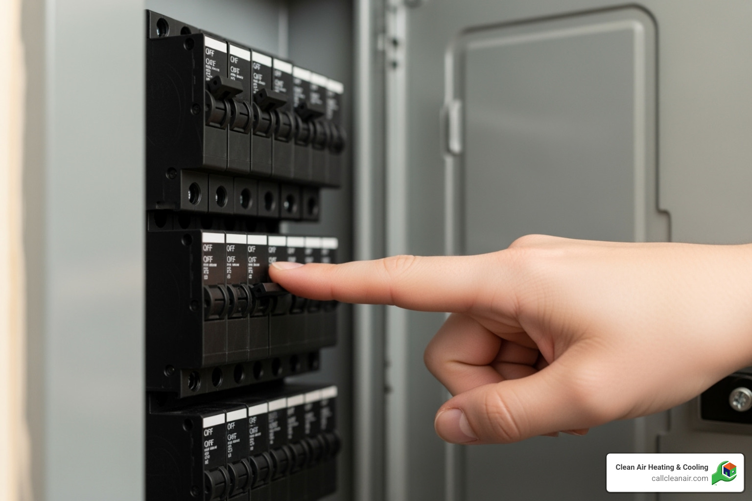 A home's electrical panel with a finger pointing to a breaker switch - mini split does not cool