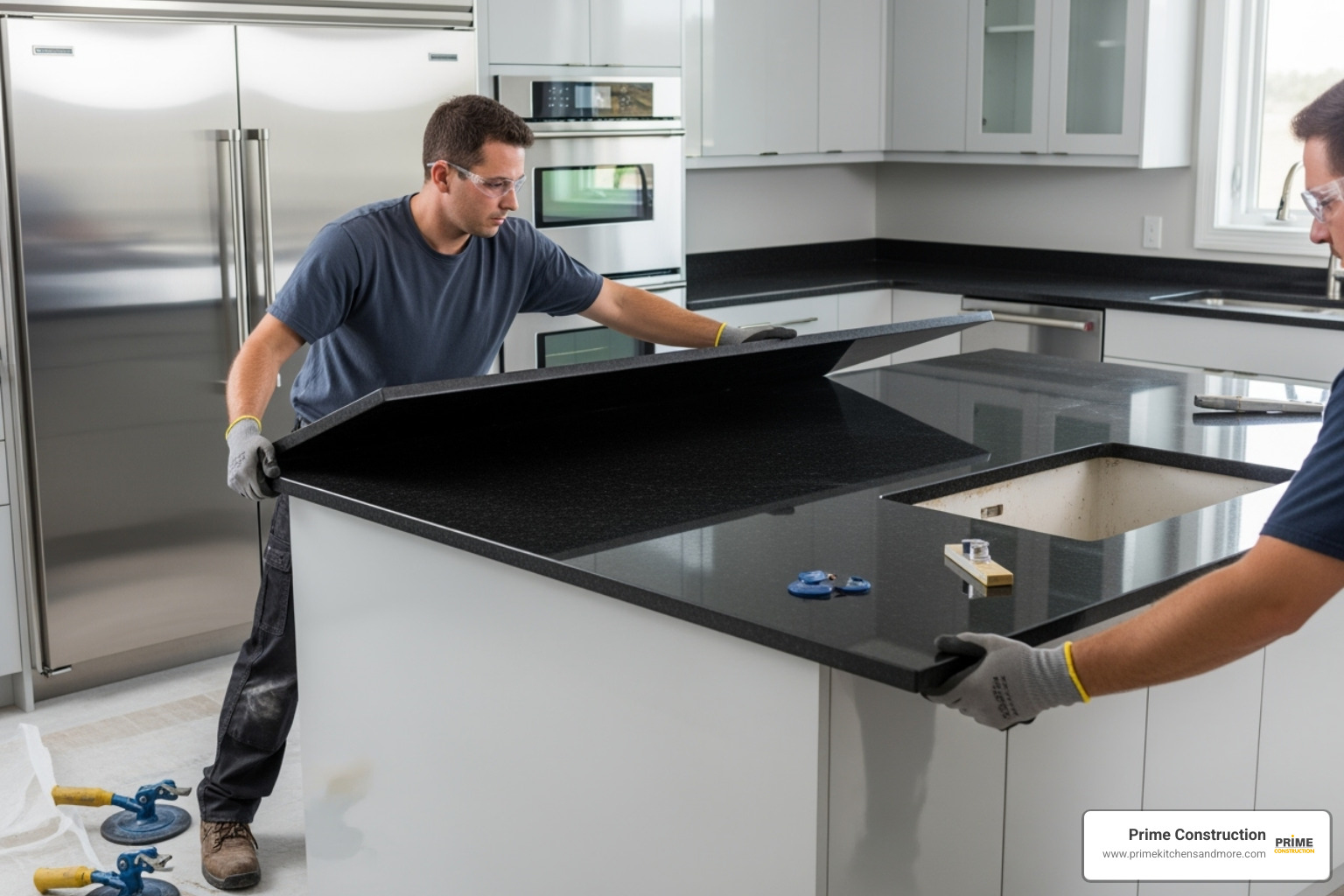 professional installer carefully placing a granite countertop - kitchen granite countertop installation orlando fl